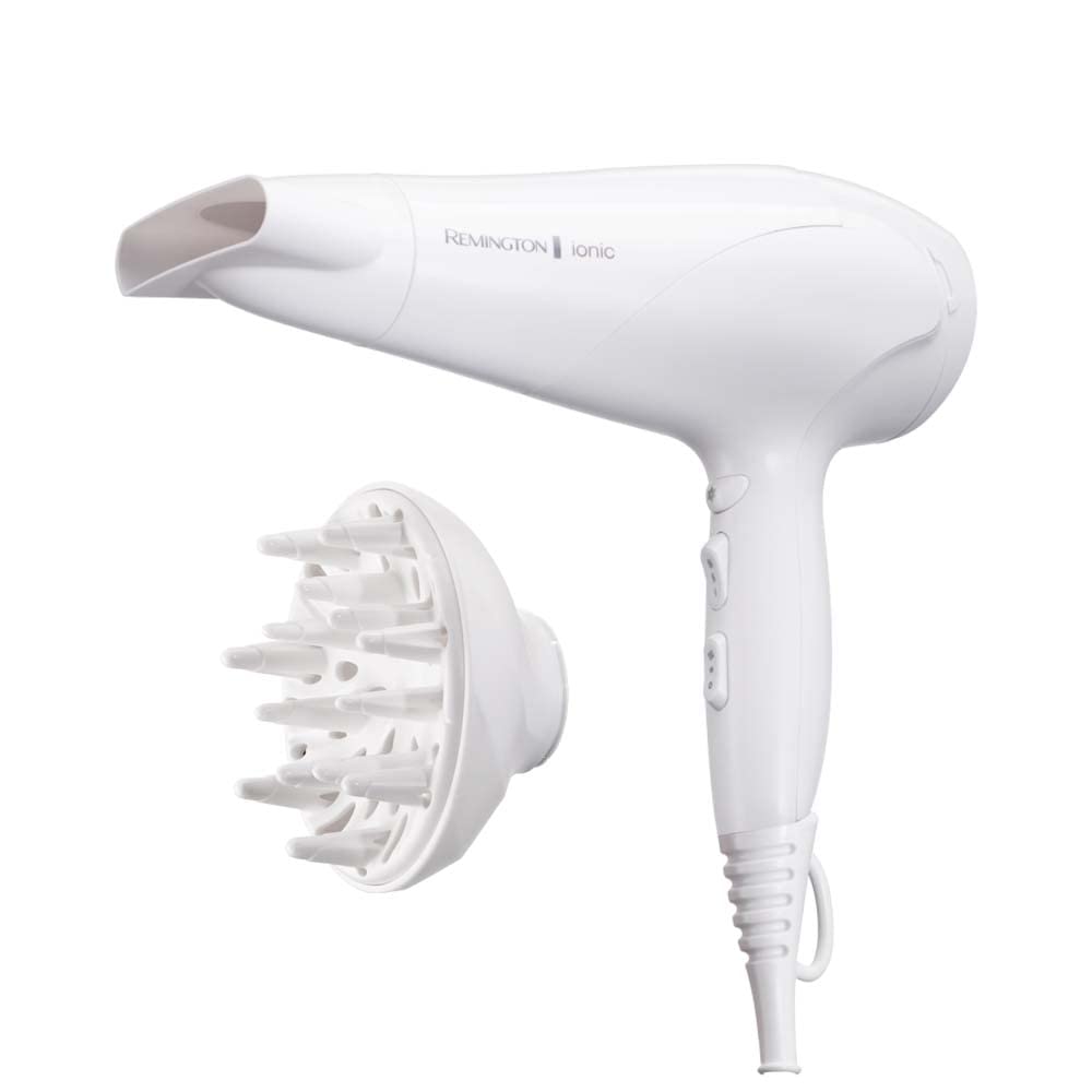 سشوار رمینگتون آیونیک [سبک، نازل پخش کننده و حالت دهنده] سفید (۲۲۰۰ وات، یون‌های سرامیکی: حالت دادن ملایم و توزیع یکنواخت گرما، ۳ حالت گرمایش و ۲ حالت فن جداگانه + کول شات) D3199 EU Plug سفید