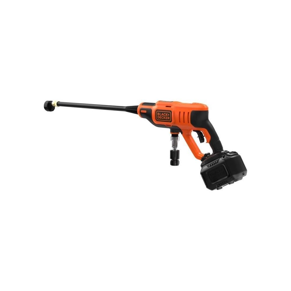 واشر فشاری بی سیم Black+Decker BCPC18D1 (18 ولت، 2.0 Ah، 24 بار، واشر تحت فشار سیار برای تمیز کردن یا آبیاری، با اتصال آب انعطاف پذیر، نازل چند منظوره 5 در 1، شامل باتری و شارژر)