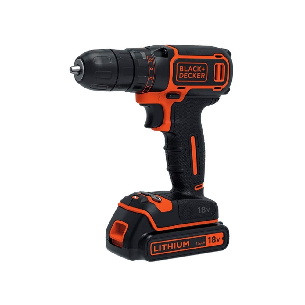 دریل/درایور شارژی Black+Decker (با چرخ دنده سیاره ای، 18 ولت 1.5 آمپر ساعت، شامل 2 باتری و شارژر در یک جعبه، 1 بیت دوبل، دسته نرم بدون لغزش، چراغ کار LED) BDCDC18KB