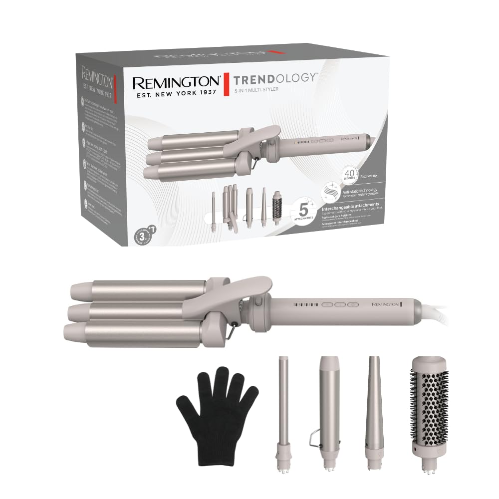 فرکننده موی رمینگتون ۵ کاره [اتوی موج‌دار، برس گرد ۳۸ میلی‌متری، ۳ لوله فرکننده ۱۳-۳۳ میلی‌متری] ترندولوژی (نمایشگر LED ۱۳۰ تا ۲۱۰ درجه سانتی‌گراد، فرهای ساحلی، فرهای مارپیچی و فرهای طبیعی برای انواع مو) CI41MS5