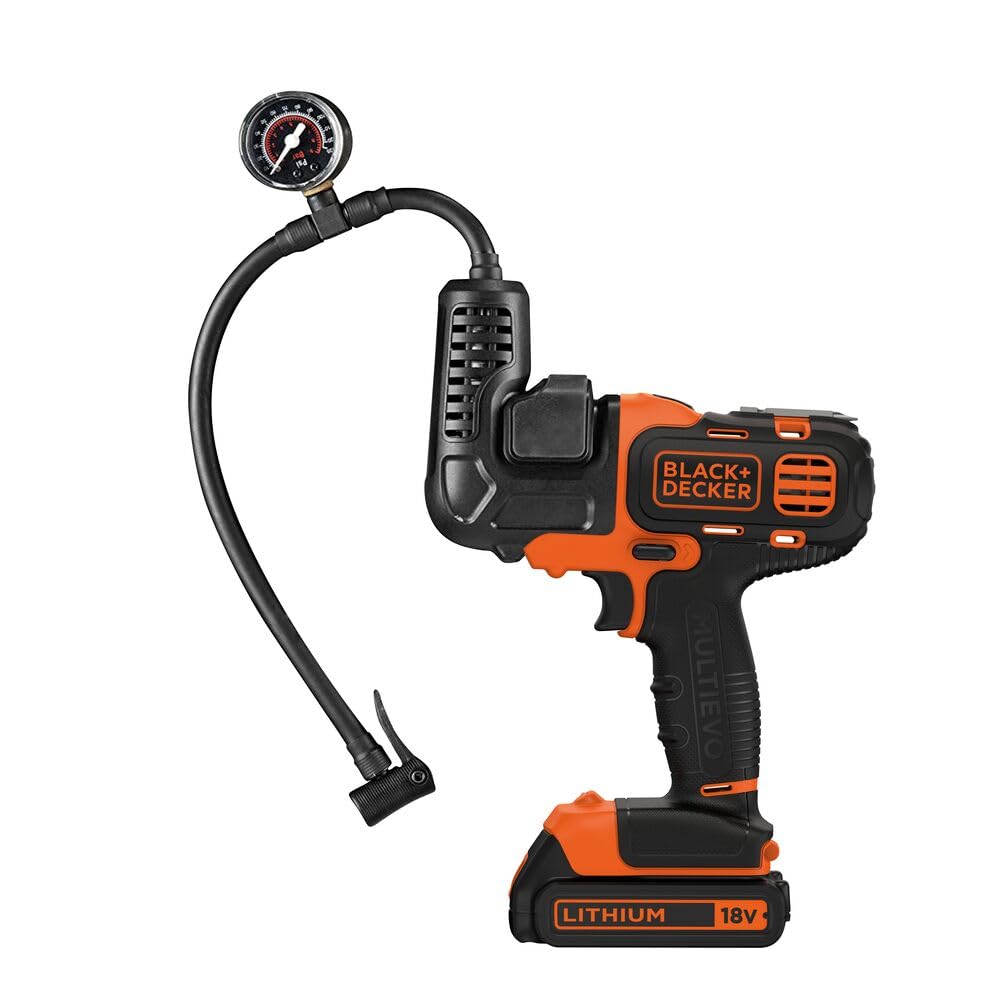 سر کمپرسور چند ابزار Black+Decker Multievo (با فشار سنج داخلی، نگهدارنده لوازم جانبی مستقیماً روی ابزار، برای باد کردن لاستیک ها و توپ ها، برای بررسی فشار) MTNF9