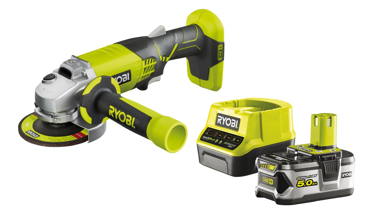 آسیاب زاویه شارژی RYOBI 18 V ONE+ R18AG-150GZL (قطر دیسک 115 میلی متر، سرعت در حالت آماده به کار 0-7500 دقیقه در دقیقه، قطر سوراخ 22 میلی متر، شامل دیسک سنگ زنی، باتری 5.0 Ah و شارژر در جعبه)