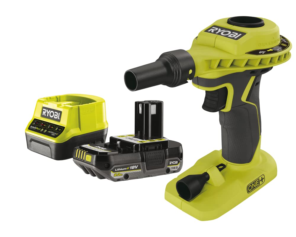 پمپ هوای شارژی RYOBI 18 V ONE+ R18VI-1C20GZL (حداکثر فشار 0.034 بار، ایده‌آل برای باد کردن قایق‌های بادی / تشک‌های بادی، شامل 2 اتصال سوپاپ، از جمله باتری 2.0Ah و شارژر)