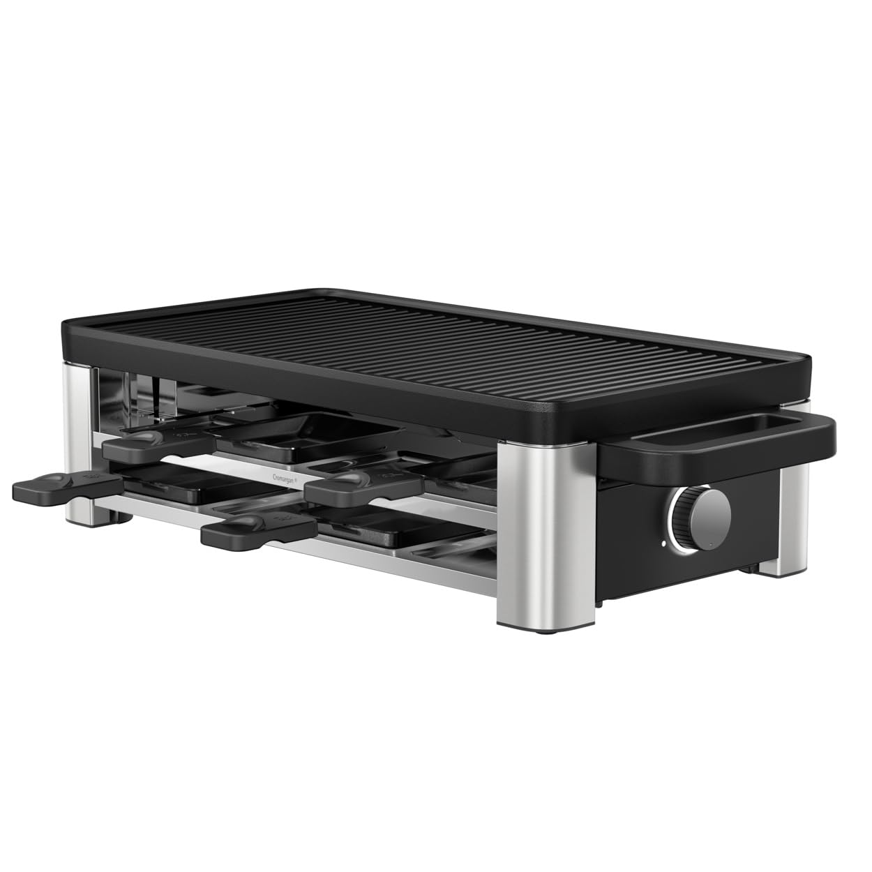 گریل راکلت WMF Lono Selection برای 8 نفر، قدرت 1500 وات، 8 تابه نچسب، 8 کفگیر، کنترل دمای متغیر، قفسه نگهداری زیر صفحه گریل، استیل ضد زنگ Cromargan، مشکی