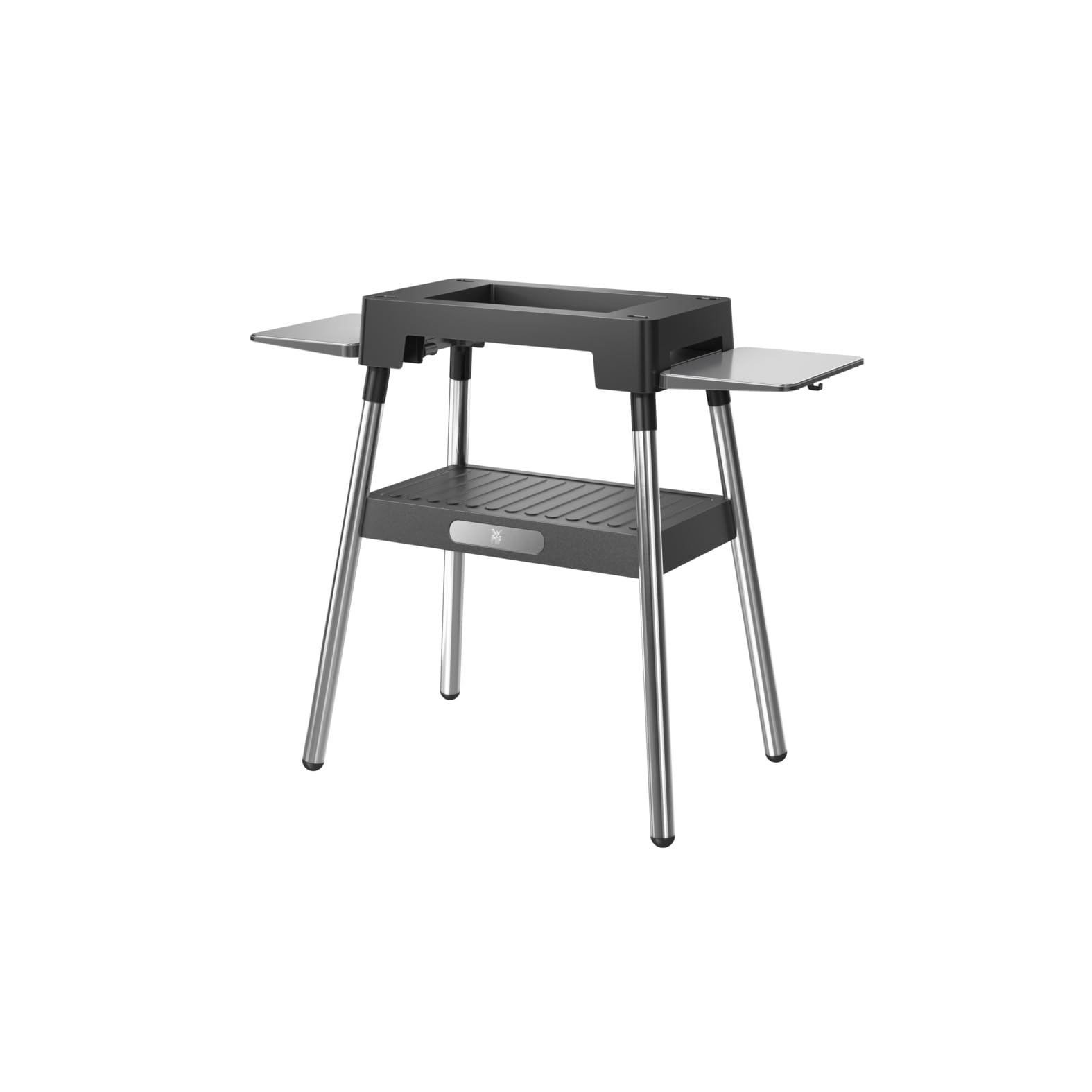 پایه گریل WMF Lono، ابعاد 92.7 در 75.0 در 43.8 سانتی‌متر، قفسه‌های جانبی تاشو و پایدار، سازگار با گریل Lono Master و گریل Lono Table (تخت و شیاردار)، Cromargan، پایه لونو مشکی/نقره‌ای