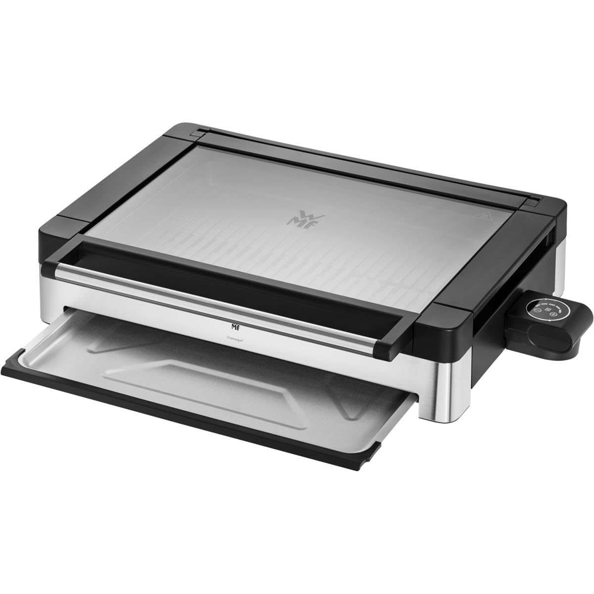 گریل رومیزی برقی WMF Lono با درب شیشه‌ای، صفحه گریل روکش‌دار، سینی چکه‌گیر قابل جدا شدن، قابل شستشو در ماشین ظرفشویی، استیل ضد زنگ مات، 2200 وات، تک نفره