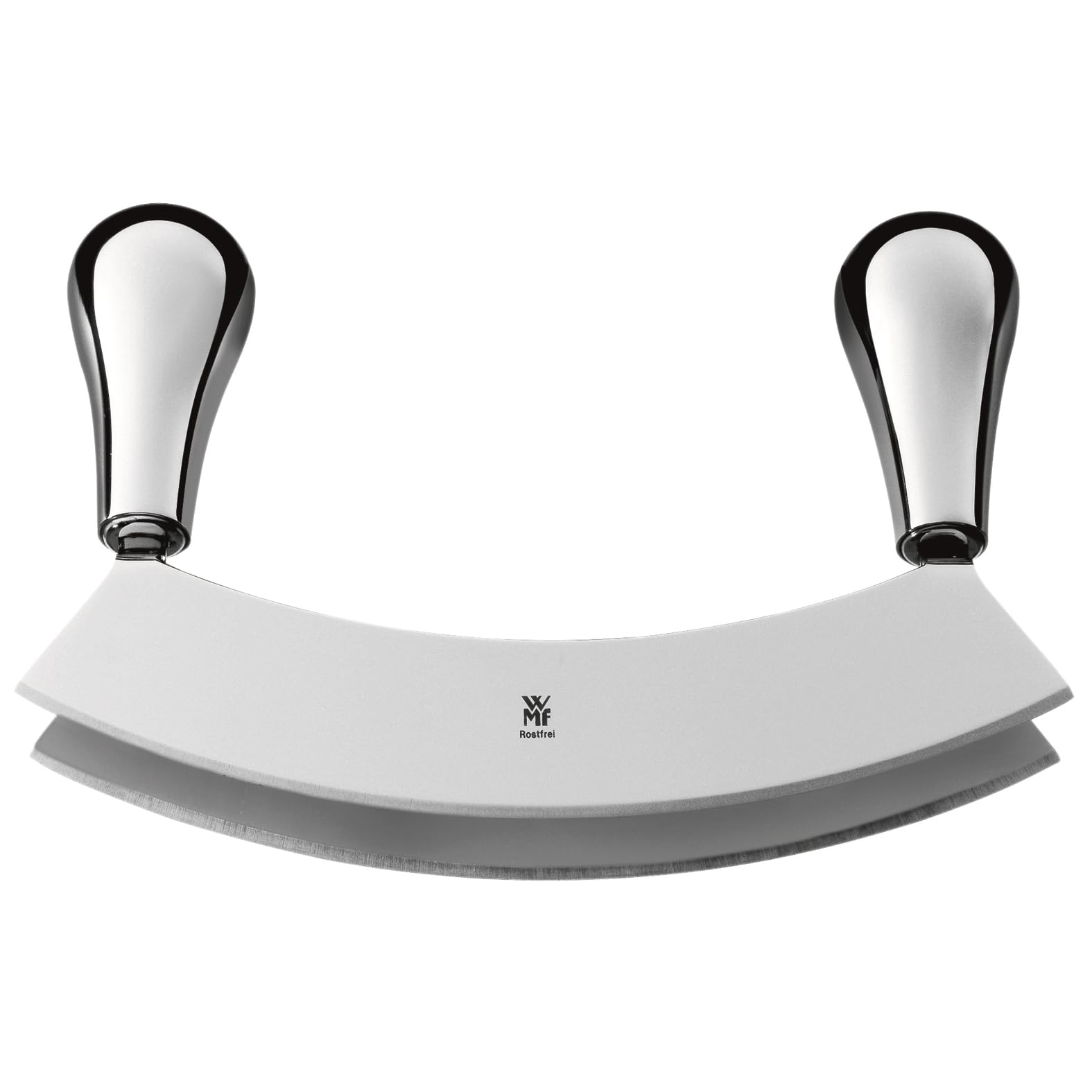 چاقوی  پیتزا گهواره‌ای وی ام اف آلمان WMF، چاقوی گهواره‌ای، دو لبه، 18 سانتی‌متر، تیغه فولادی مخصوص آهنگری شده، چاقوی گهواره‌ای برای خرد کردن یا ریز خرد کردن گیاهان، نقره‌ای 18 سانتی‌متر