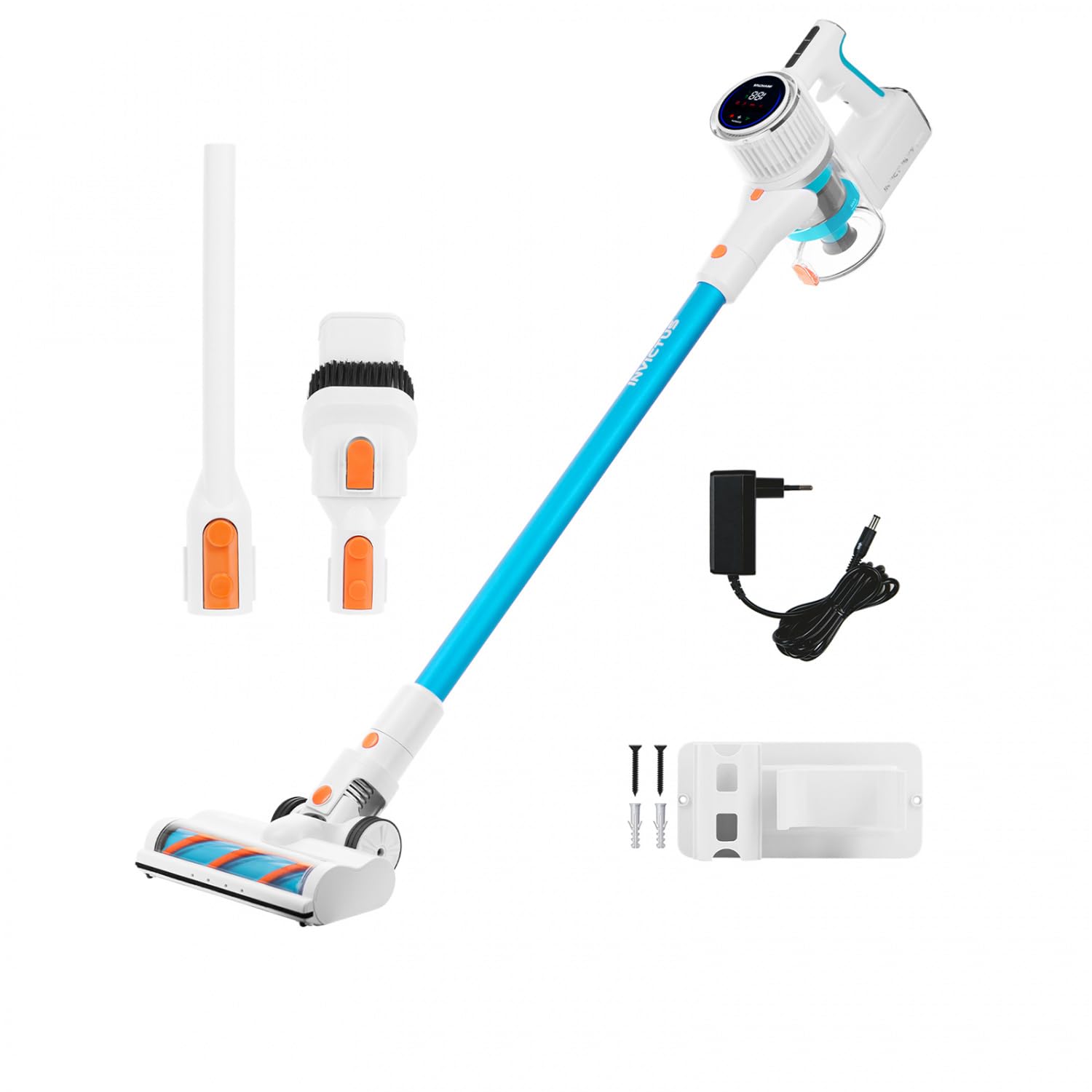 جارو شارژی Genius Invictus X7 Facelift با فیلتر HEPA، جارو برقی دستی بی سیم، بدون کیسه، تا 60 دقیقه، 380 وات، فوق العاده سبک، مجموعه 12 تکه، آبی/سفید