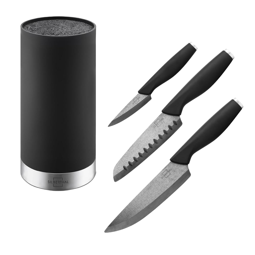بلوک چاقوی سیلبرتال آلمان SILBERTHAL با چاقوها، مشکی - مجموعه چاقوی 3 تکه - چاقوهای سرامیکی مقاوم (چاقوی سانتوکو، چاقوی سرآشپز، چاقوی سبزیجات) با بلوک چاقوی پایدار و برس برس، مشکی + مجموعه چاقو