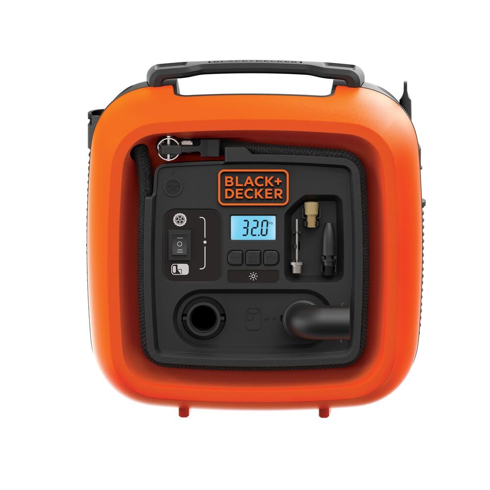 کمپرسور/پمپ باد 11.0 بار/12 ولت Black+Decker، 160PSI، برای لاستیک، توپ، صندلی چرخدار و غیره، با 2 حالت کار و حالت باد کردن، ASI400، 12 ولت