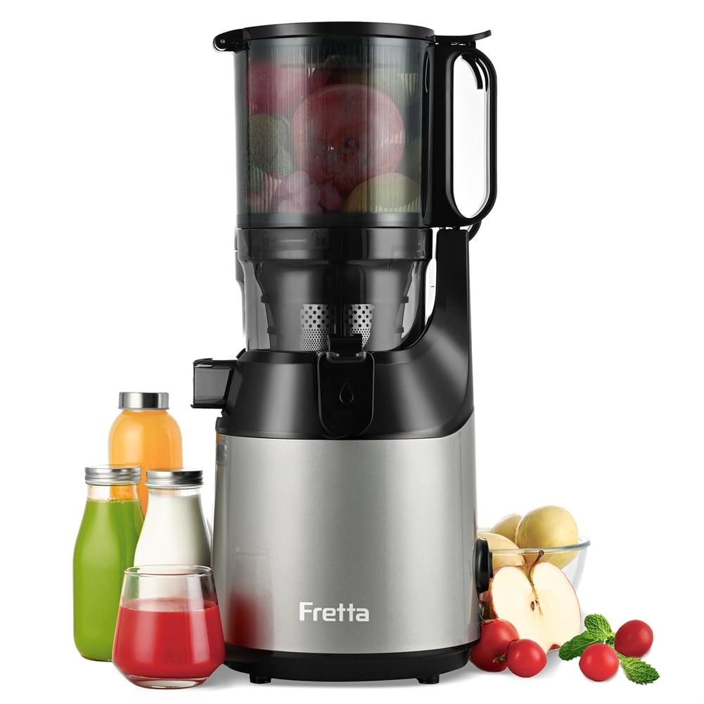 آبمیوه‌گیری آهسته Fretta با دهانه XXL از ۱۳۵ میلی‌متر تا ۱.۸ لیتر، آبمیوه‌گیری برای سبزیجات و میوه‌ها، آبمیوه‌گیری جونده ۲۵۰ وات برای میوه‌های کامل، تمیز کردن آسان، بدون BPA | جنس Tritan (خاکستری)