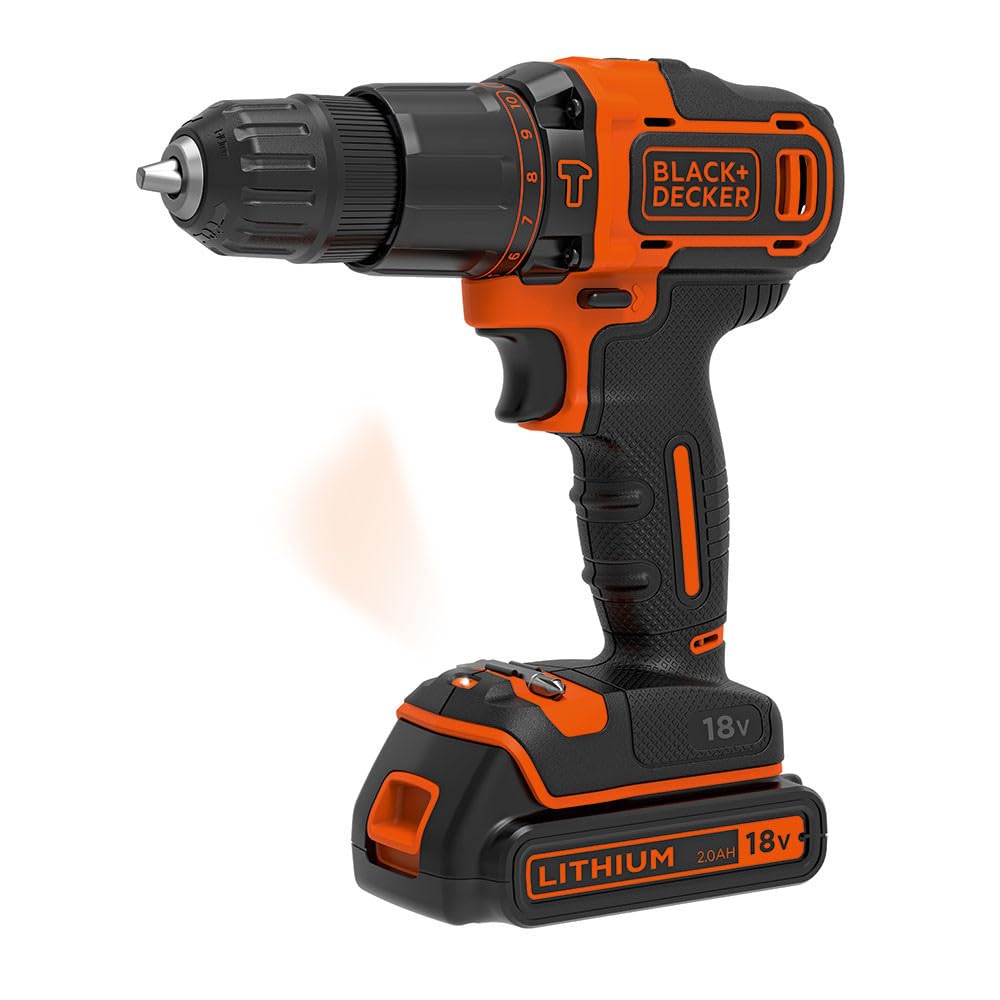 دریل چکشی شارژی BLACK+DECKER 18 ولت، 2 عدد باتری 1.5 Ah، شارژر 400 میلی آمپر، جعبه کیت، BDCHD18KB-QW
