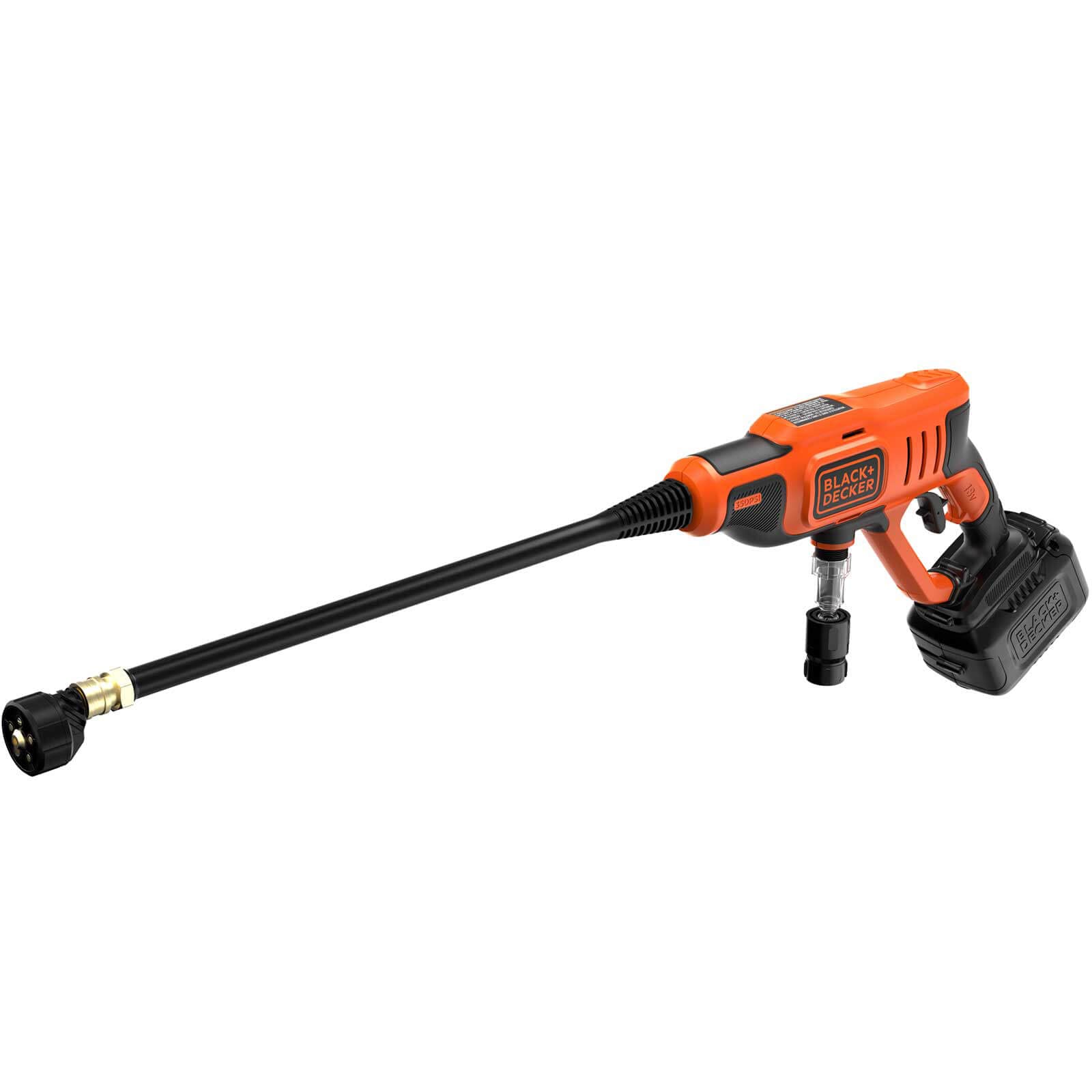 واشر فشاری بی سیم Black+Decker BCPC18B (18 ولت، 24 بار، واشر تحت فشار سیار برای تمیز کردن یا آبیاری، با اتصال آب انعطاف پذیر، نازل چند منظوره 5 در 1، بدون باتری و شارژر)، BCPC18B-XJ، مشکی/نارنجی