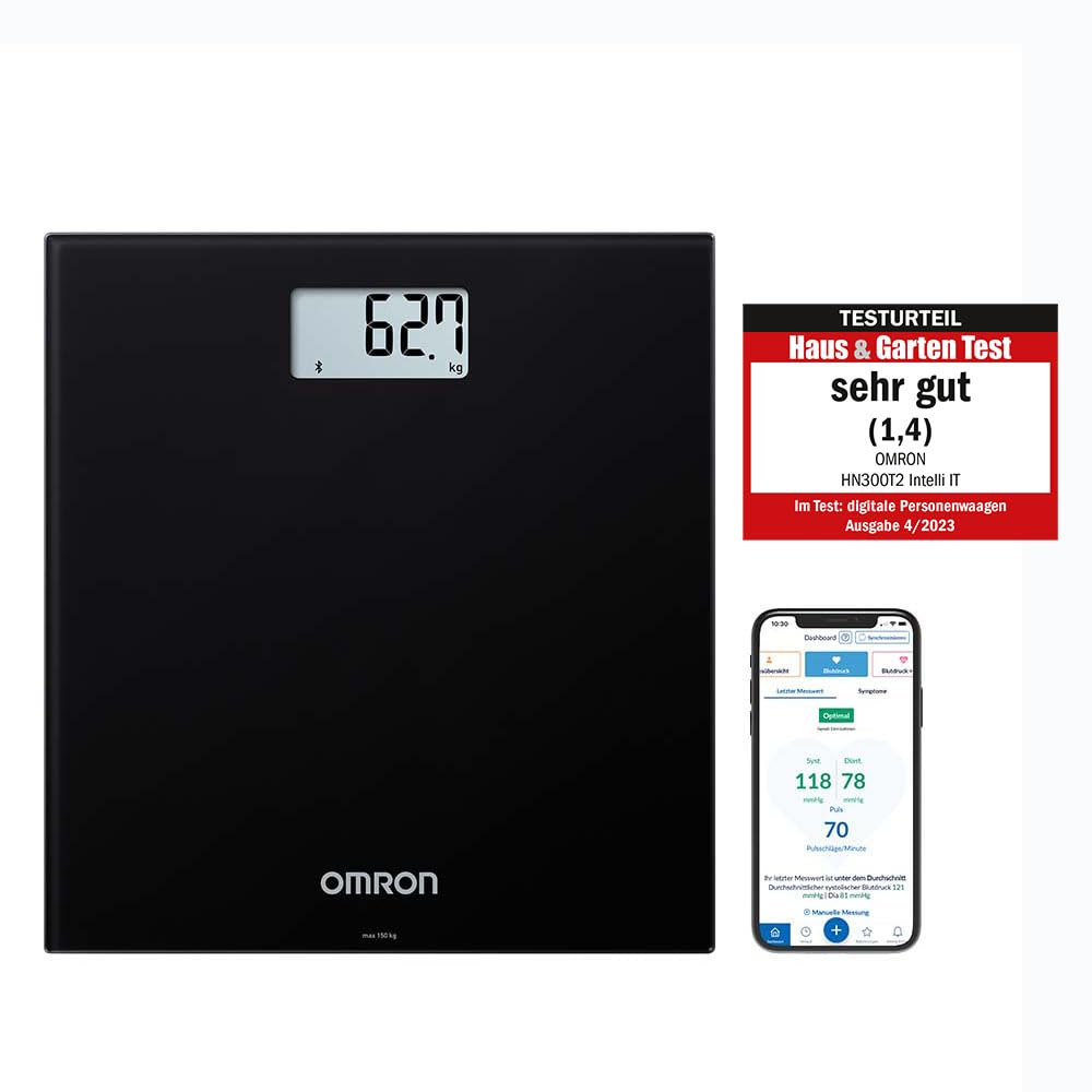 ترازوی حمام دیجیتال هوشمند OMRON HN300T2 Intelli IT با بلوتوث برای وزن بدن و BMI، شامل برنامه تلفن هوشمند برای ردیابی پیشرفت، مشکی