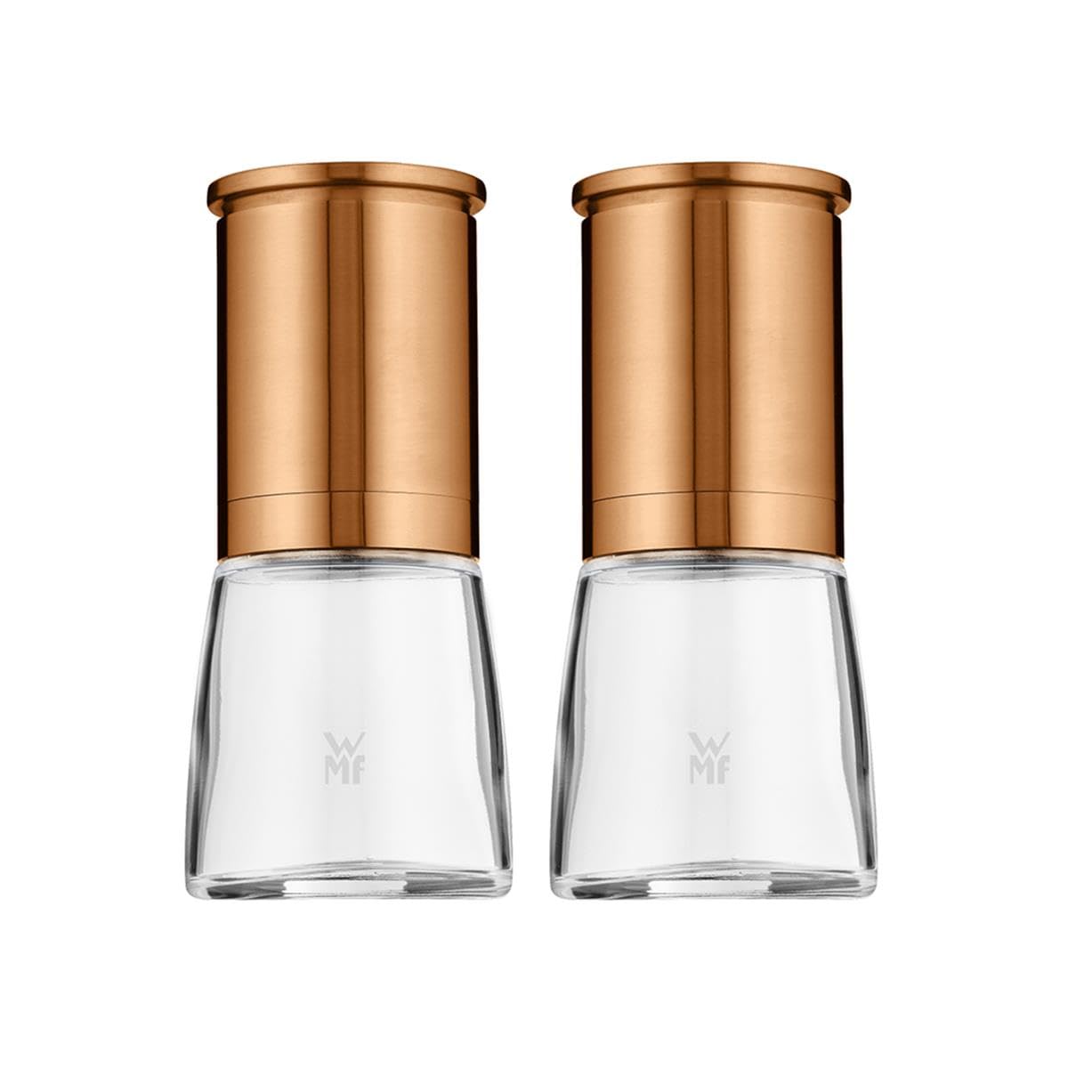 ست آسیاب نمک و فلفل وی ام اف آلمان WMF De Luxe، 2 تکه، بدون فیلر، 14 سانتی متر، شیشه ای، مکانیزم آسیاب سرامیکی، آسیاب نمک، فلفل، فلفل چیلی، مسی، 2 تکه مسی