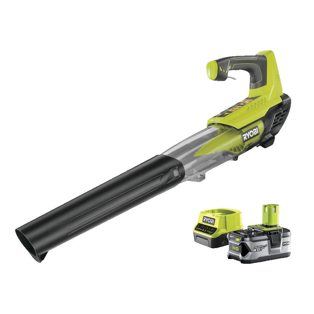 دمنده برگ شارژی Ryobi 18 V ONE+ RBL18JB40F (سرعت هوا 160 کیلومتر در ساعت، حجم هوا 7.9 متر مکعب در دقیقه، فن توربین جت، کنترل سرعت متغیر، شامل 1 x 4.0 باتری و شارژر، در جعبه)