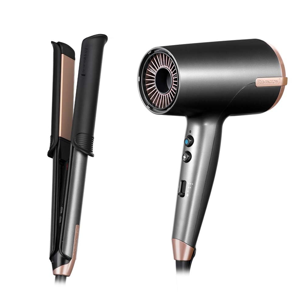 مجموعه حالت دهنده موی رمینگتون مدل 1: اتوی صاف کننده و فر کننده مو [حالت دهنده چند حالته 2 در 1] S6078 + سشوار یونی [جریان هوای 120 کیلومتر در ساعت برای خشک کردن سریع] مجموعه حالت دهنده چند حالته مو + سشوار D6078