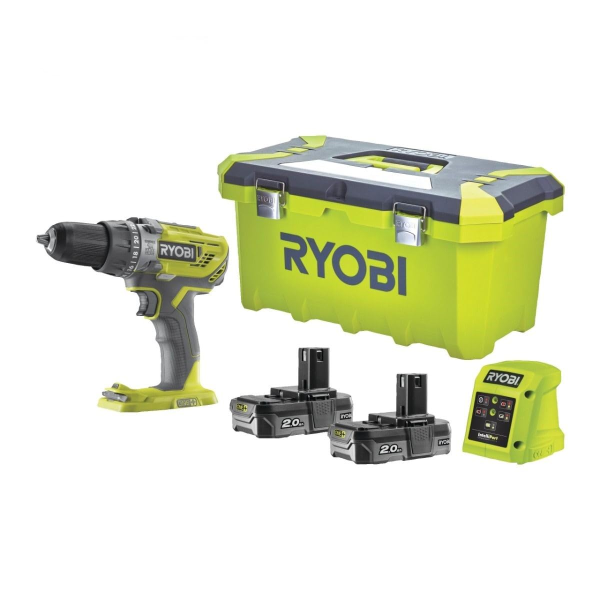 RYOBI - دریل درایور، 18 ولت، یک + - گشتاور 50 نیوتن متر، وییت 500 - 1800 دور در دقیقه، چاک مته 13 میلی متر، 2 باتری Li+ 2.0 Ah، شارژر 1.5 A، جعبه ابزار، جعبه 17 پیچ - R18PD3-220T