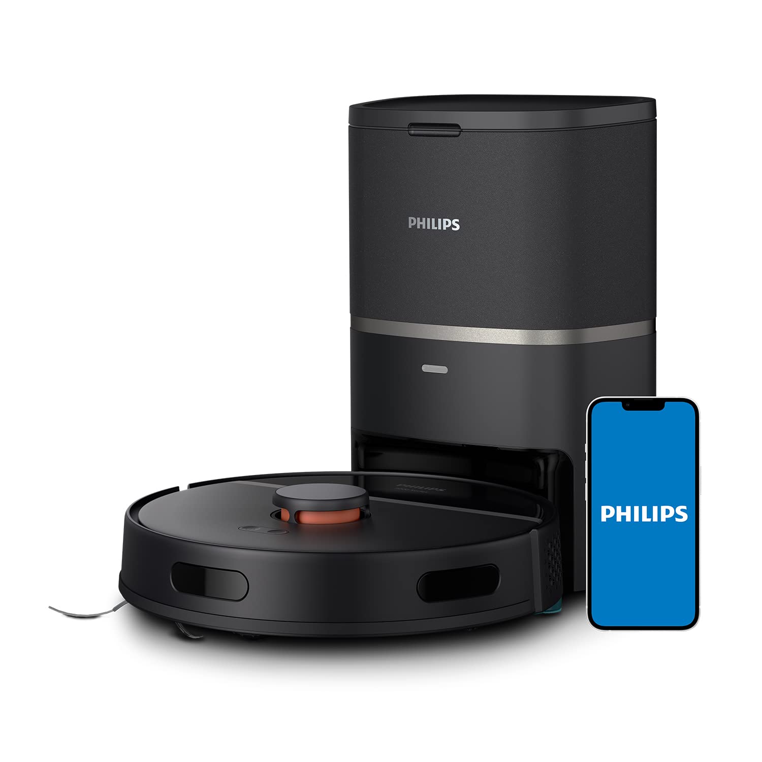 جارو رباتیک فیلیپس Philips Homerun Series 3000 با عملکرد پاک کردن، قدرت مکش فوق العاده قوی 4000 پاسکال، ناوبری لیزری، 200 دقیقه، جاروبرقی با ایستگاه مکش، برای فرش و موهای حیوانات خانگی، برنامه، XU3100/01.