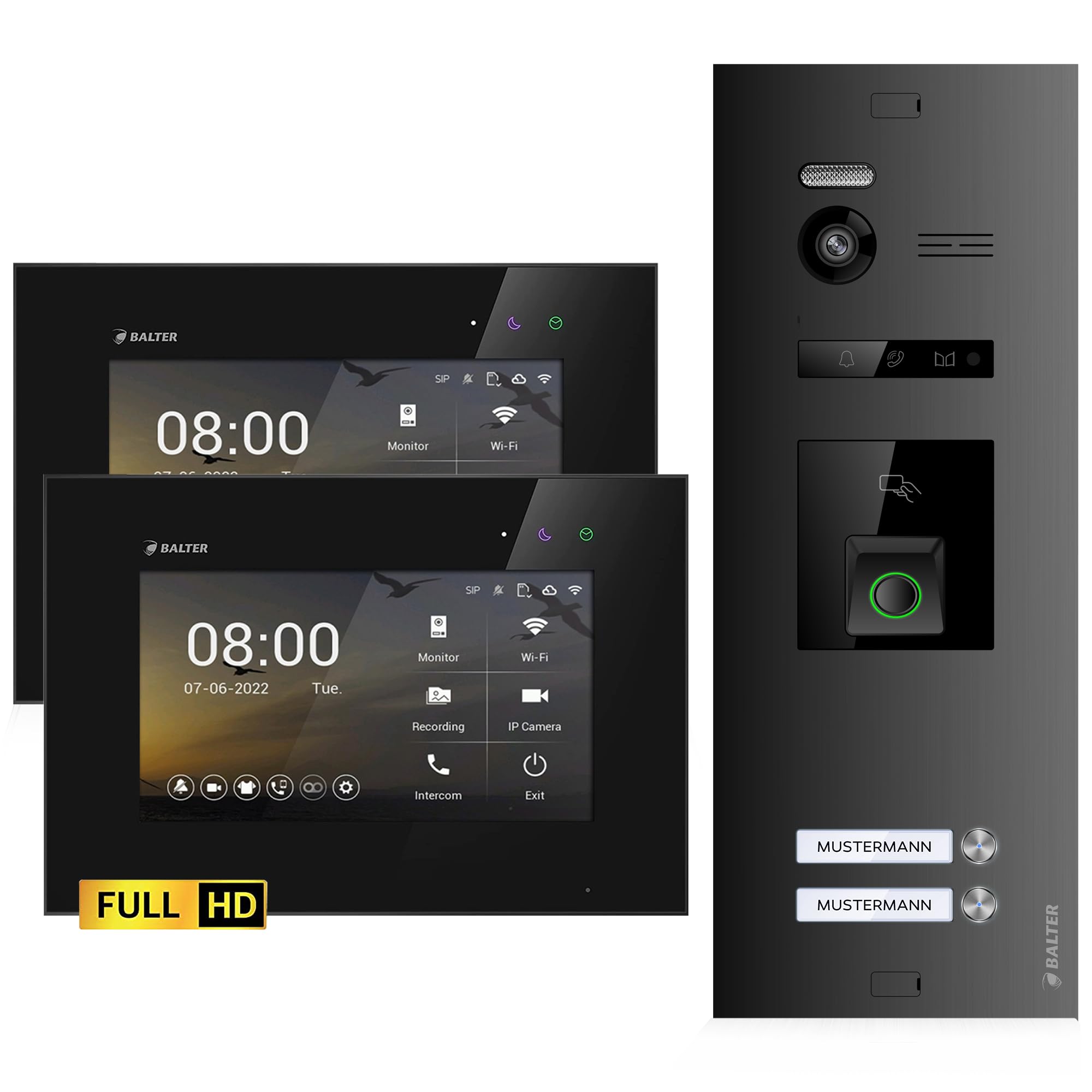 اینترکام درب تصویری Balter EVO-HD با حسگر اثر انگشت، زنگ ویدیویی، خانه 2 خانواده، مانیتور 1 x 7 اینچی، زنگ در با دوربین Full HD، اتوبوس 2 سیم، زاویه عریض 175 درجه، RFID، 1080P