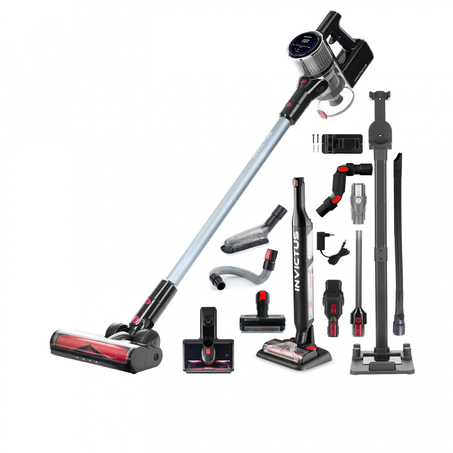 جارو شارژی Genius Invictus X9 Facelift Deluxe 26 تکه، جارو شارژی مرطوب خشک تا 55 دقیقه ماشین موی حیوانات خانگی فرش، فیلتر HEPA، LED، صفحه لمسی جاروبرقی عمودی، ایستگاه شارژ