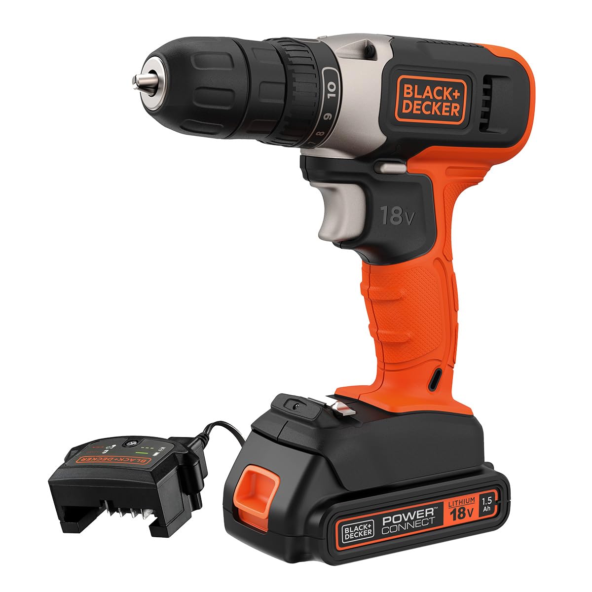 دریل/درایور شارژی BLACK+DECKER 18 ولت، حداکثر گشتاور 37 نیوتن متر، 10 موقعیت کلاچ، چراغ کار LED، باتری و شارژر 1.5 Ah، BCD001C1-QW.