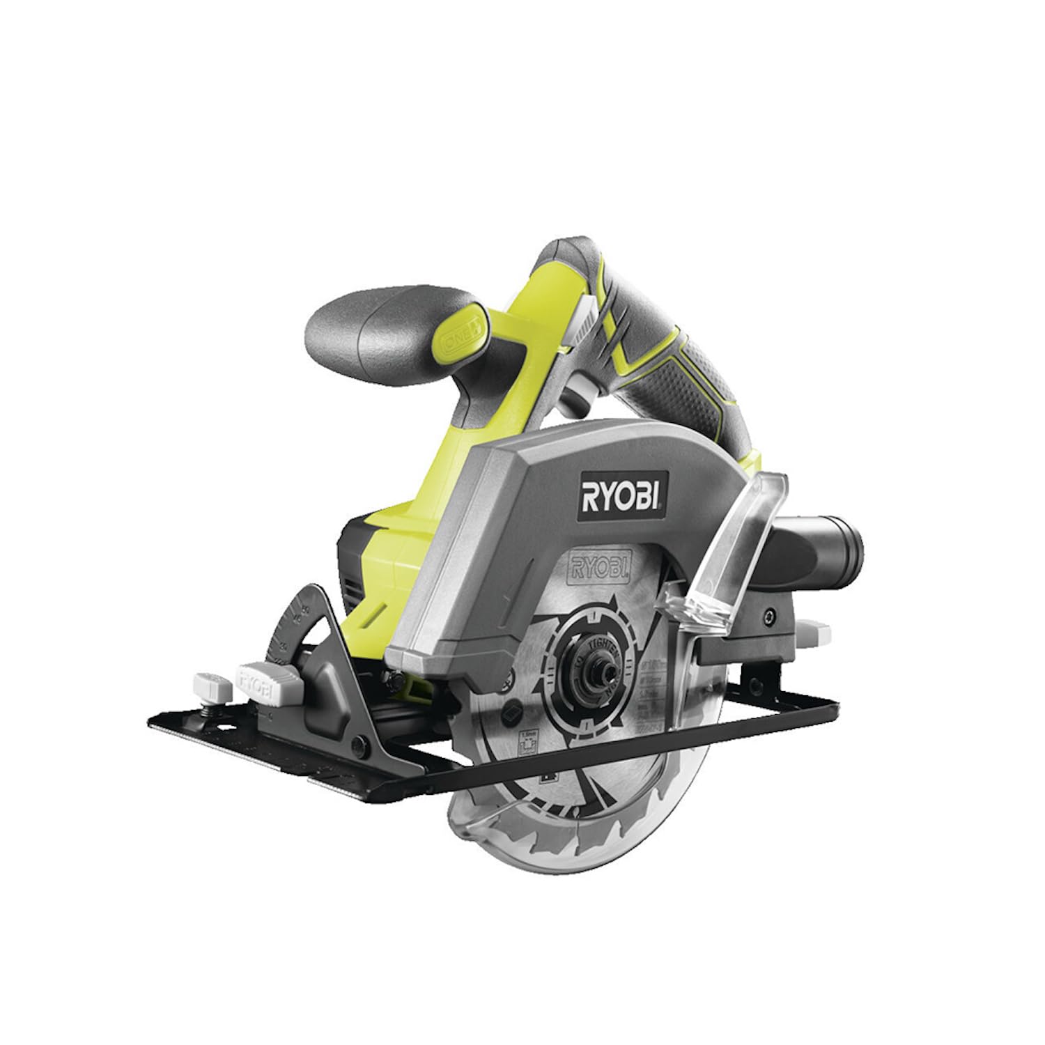 اره دایره ای شارژی RYOBI 18 V ONE+ R18CSP-0 (قطر تیغه اره 150 میلی متر، عمق برش 90°/45 درجه 45/32 میلی متر، تنظیم عمق بدون ابزار، شامل توقف موازی، o، باتری و شارژر در جعبه)