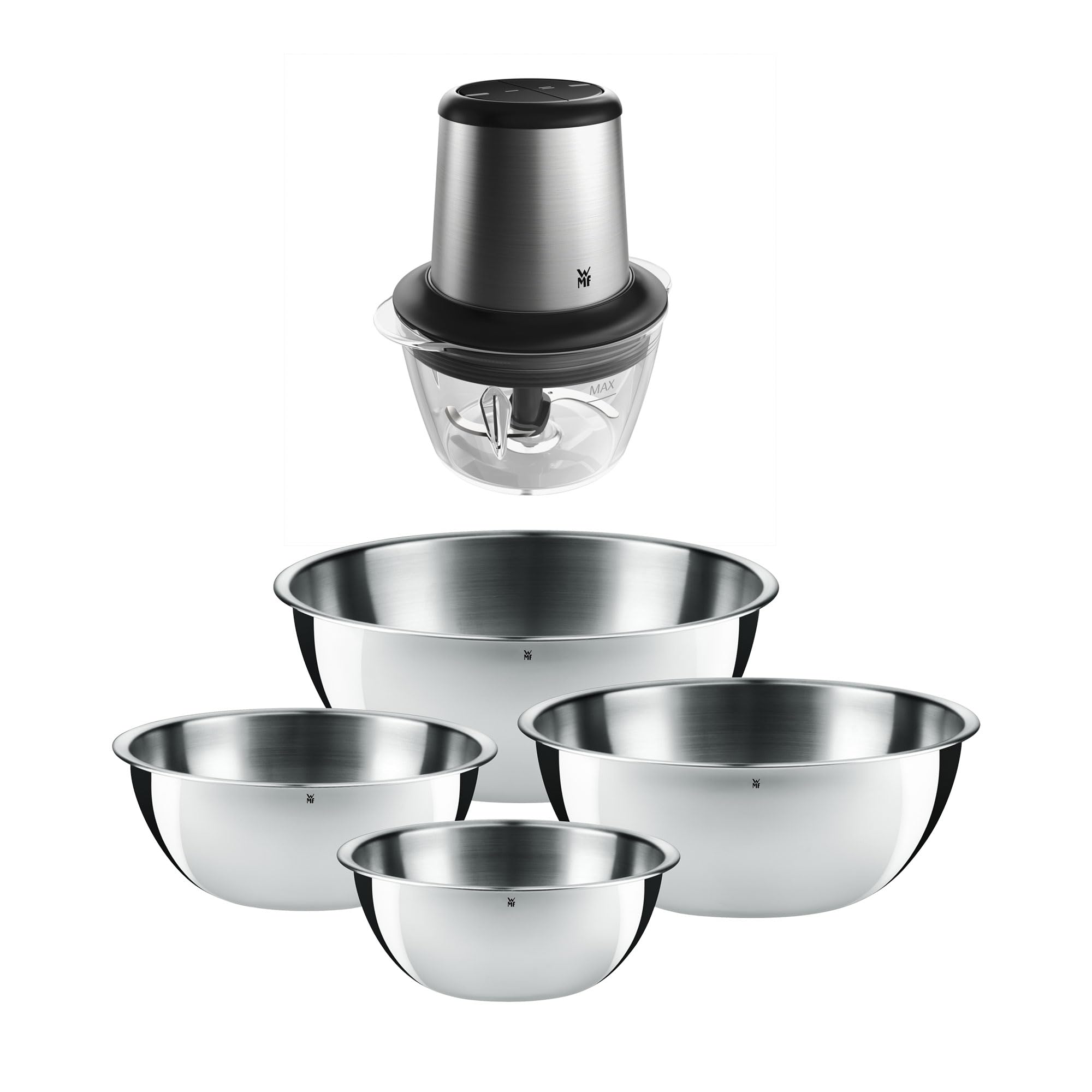 سرویس کاسه دو تکه Gourmet مدل WMF، کاسه‌های آشپزخانه استیل ضد زنگ 4 تکه (0.75 لیتر - 2.75 لیتر)، خردکن برقی Kult X Edition با کاسه شیشه‌ای، غذاساز 320 وات، سرویس کاسه و خردکن