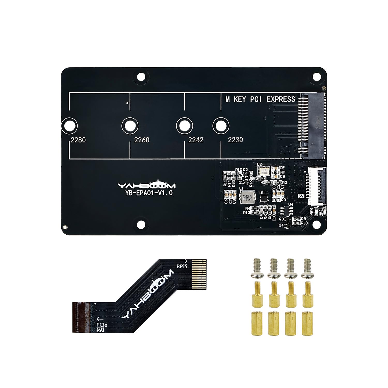 برد آداپتور Yahboom PCIe به M.2، M.2 HAT+، سازگار با RPi 5، پشتیبانی از نصب پروتکل NVMe 2280/2260/2242/2230 M.2 SSD و رادیاتور Pi5 (آداپتور PCIe به M.2)