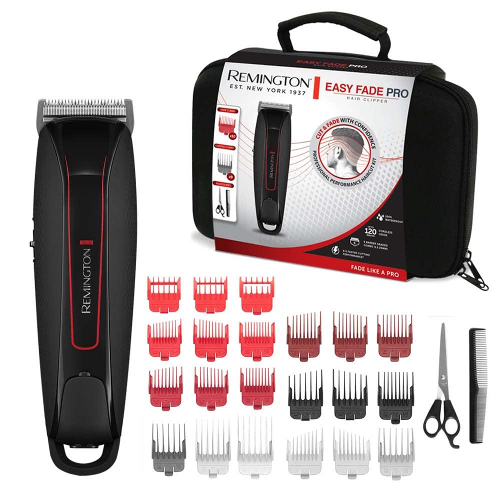 ماشین اصلاح موی حرفه‌ای رمینگتون [تیغه‌های استیل ضد زنگ خود تیز شونده / 10 شانه زاویه‌دار محو شونده / 0.8-25 میلی‌متر] مجموعه ماشین اصلاح مو (شامل 9 شانه اتصال استاندارد، کارکرد با برق/باتری، لیتیوم، کیف حمل) HC550