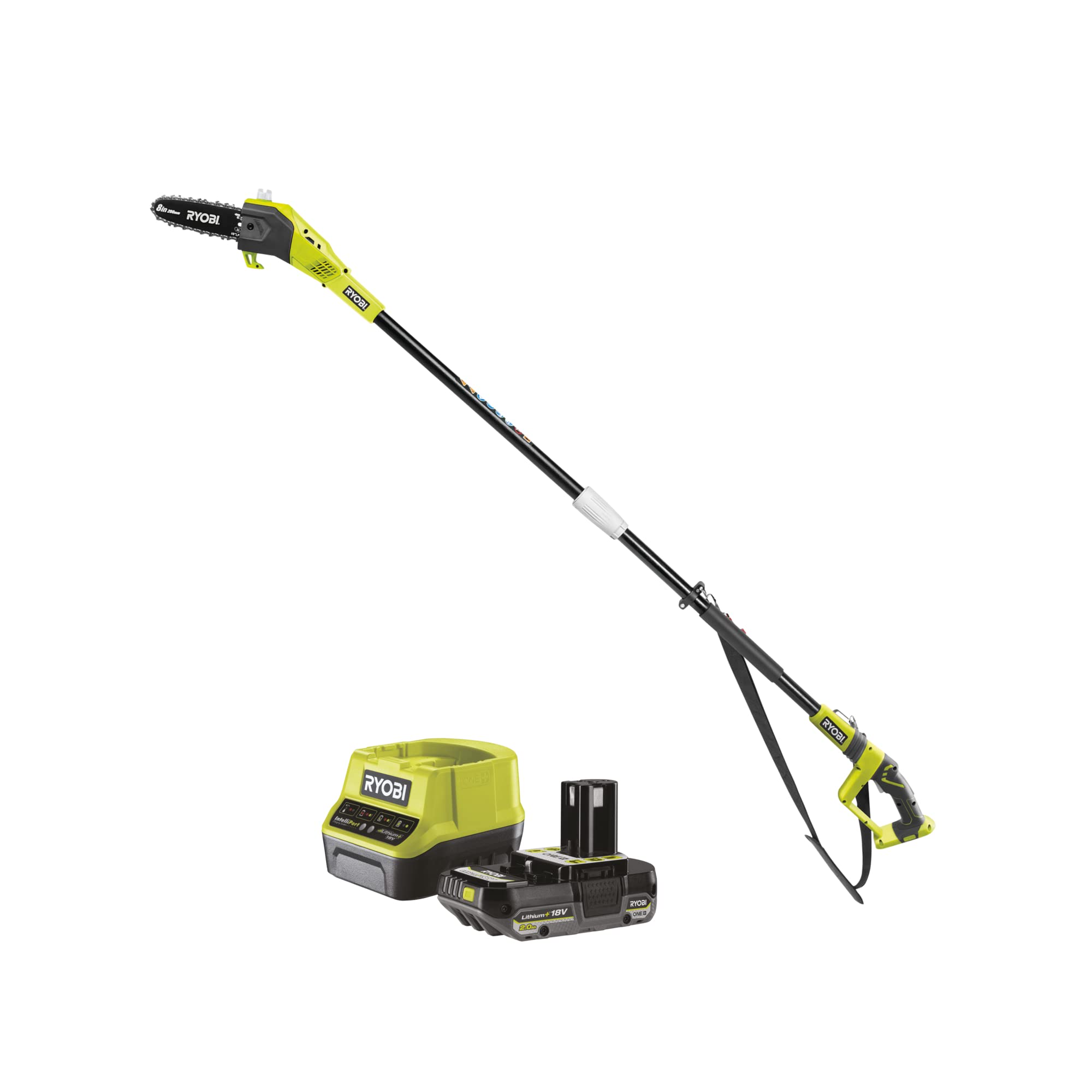 هرس قطبی شارژی ریوبی ژاپن RYOBI 18 V ONE+ RPP182020، طول تیغه 20 سانتی متر، سرعت زنجیر 5.5 متر بر ثانیه، شامل باتری 2.0 Ah و شارژر