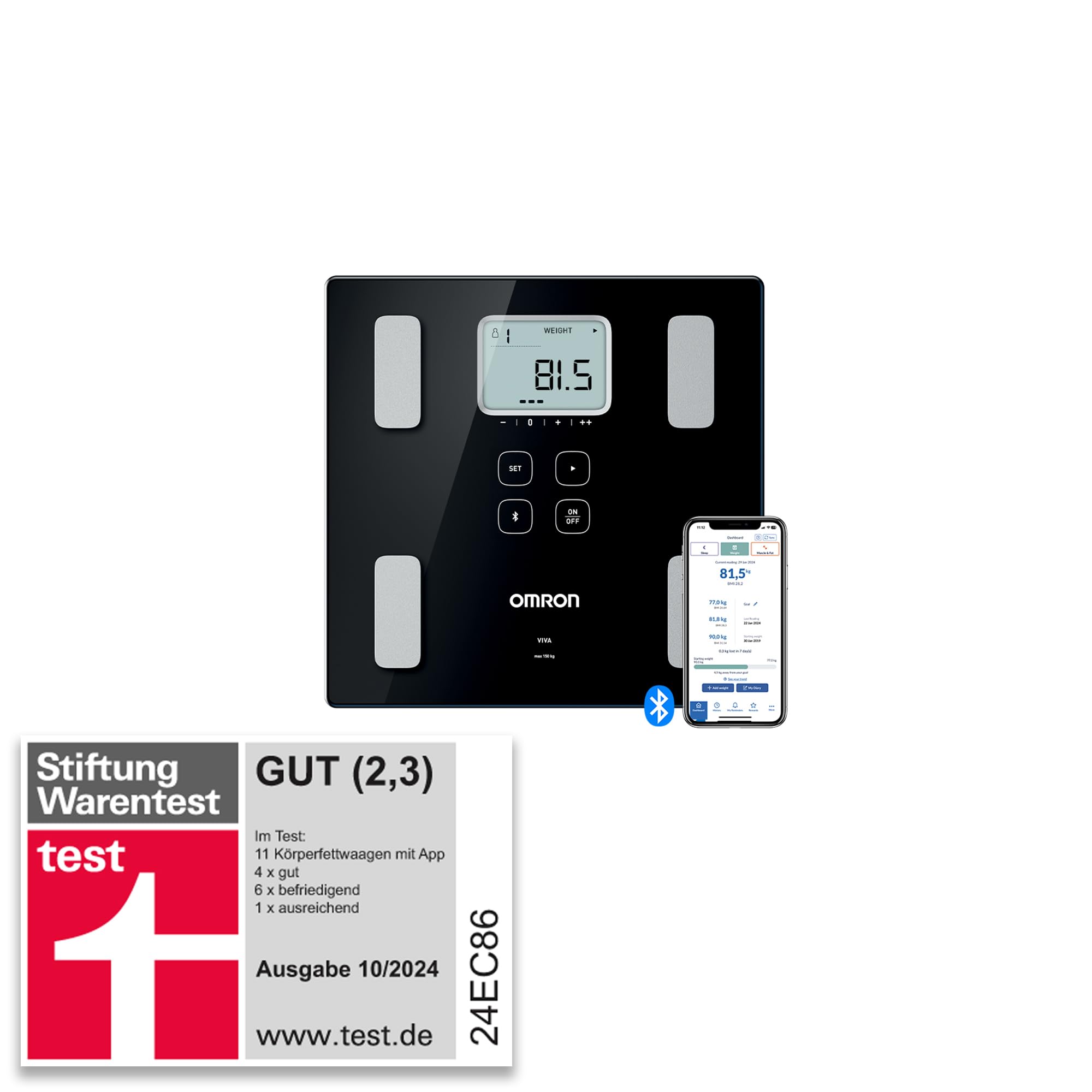 ترازوی شخصی OMRON VIVA اندازه‌گیری دقیق وزن را ارائه می‌دهد، همراه با ترازوی چربی بدن برای چربی احشایی، عضله، متابولیسم، BMI و سلامت قلب و همگام‌سازی بلوتوث با برنامه OMRON Connect