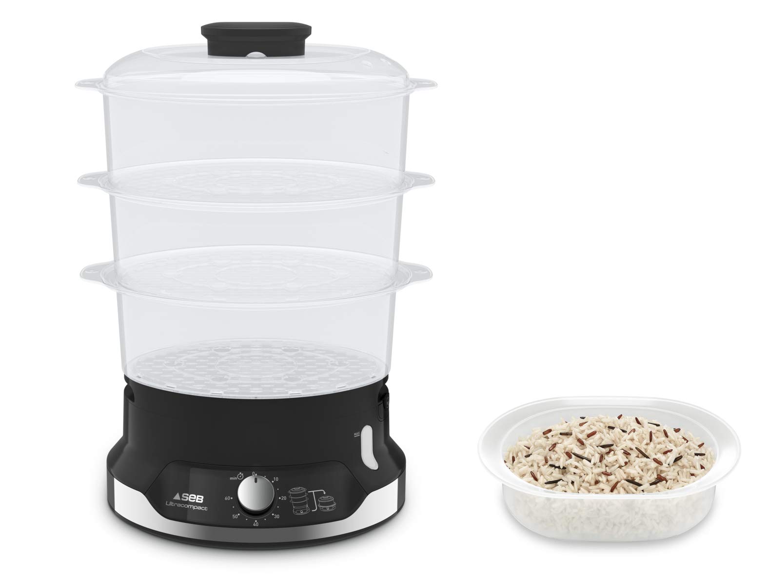 بخارپز تفال Tefal VC2048 Ultra Compact | سیستم ذخیره سازی روی هم | آشپزی سالم | 3 پیوست بدون BPA | تایمر 60 دقیقه ای | پر کردن در حین پخت و پز | ظرفیت 9 لیتر | شامل برنج | 800 وات