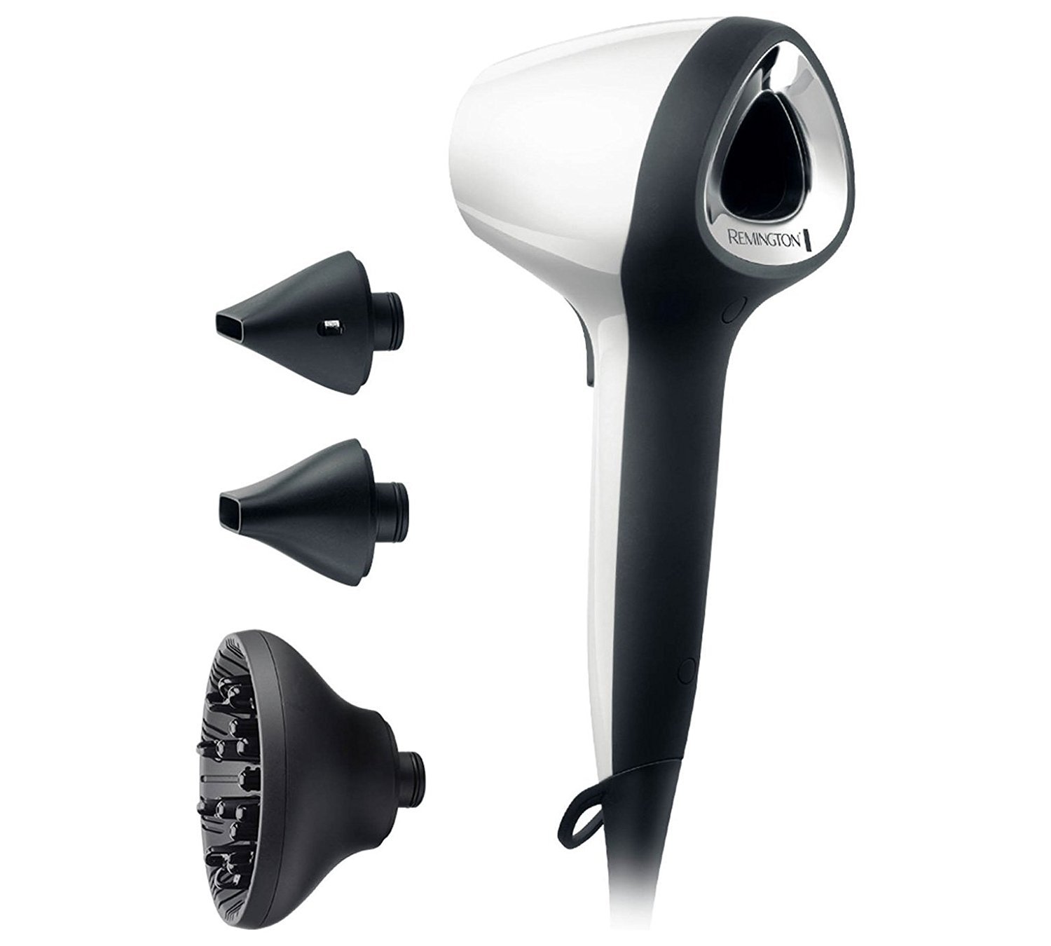 سشوار رمینگتون آیونیک ایر۳دی، سفید، با کیف [سبک و متعادل] جریان هوای سه‌بعدی منحصر به فرد + نوآورانه (جریان هوای ۱۱۰ کیلومتر بر ساعت، ۳ حالت گرما و ۲ حالت فن، ۲ نازل حالت دهنده + پخش کننده) D7779 سفید، با کیف نگهداری