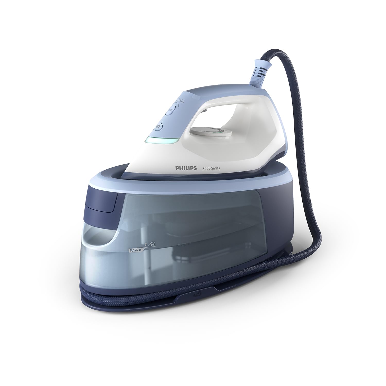 اتو بخار مخزن دار فیلیپس Steam Iron Station سری 3000، 2400 وات، بخار مداوم 120 گرم در دقیقه، تقویت بخار 350 گرم، سریع و قدرتمند، بخار عمودی، کفی سرامیکی، دیپ آزور (PSG3000/20)
