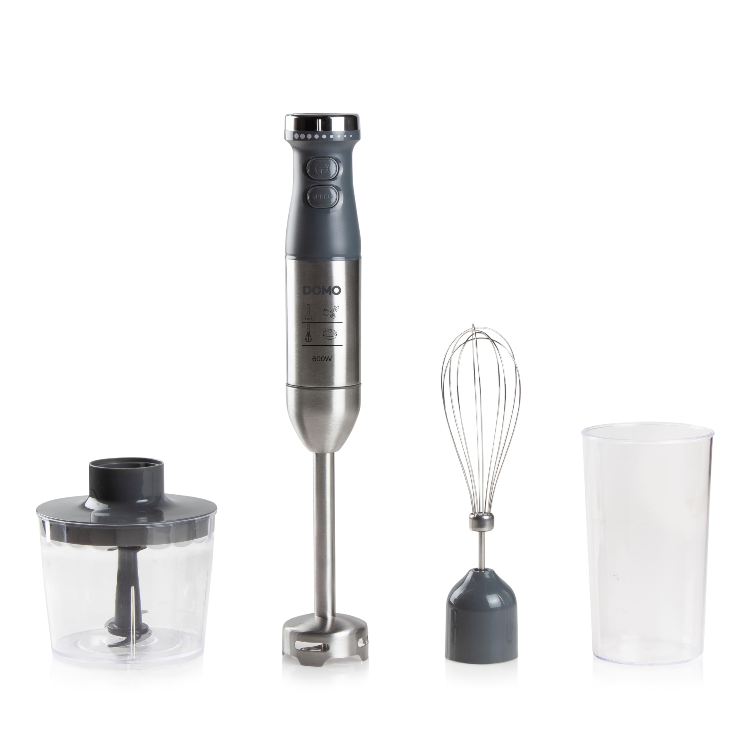 ست مخلوط کن دستی DOMO DO9226M - سرعت متغیر - ست مخلوط کن 3 کاره با دکمه توربو - شامل همزن، خردکن و پیمانه - 600 وات - خاکستری/استیل ضد زنگ