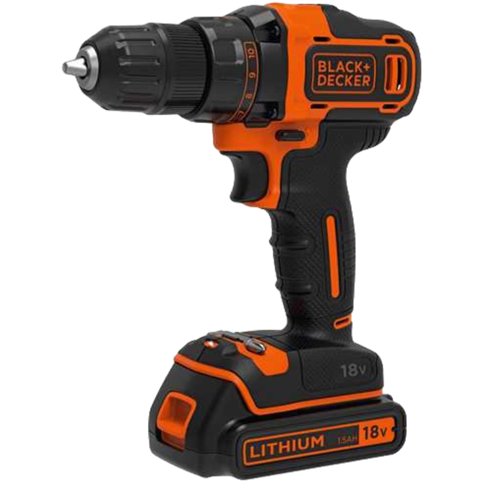 دریل/درایور شارژی Black+Decker با گیربکس 2 سرعته (18 ولت، 1.5 آمپر ساعت، شامل شارژر 400 میلی آمپر در جعبه، با دو بیت، چراغ کار LED، چاک بدون کلید، دسته ضد لغزش)