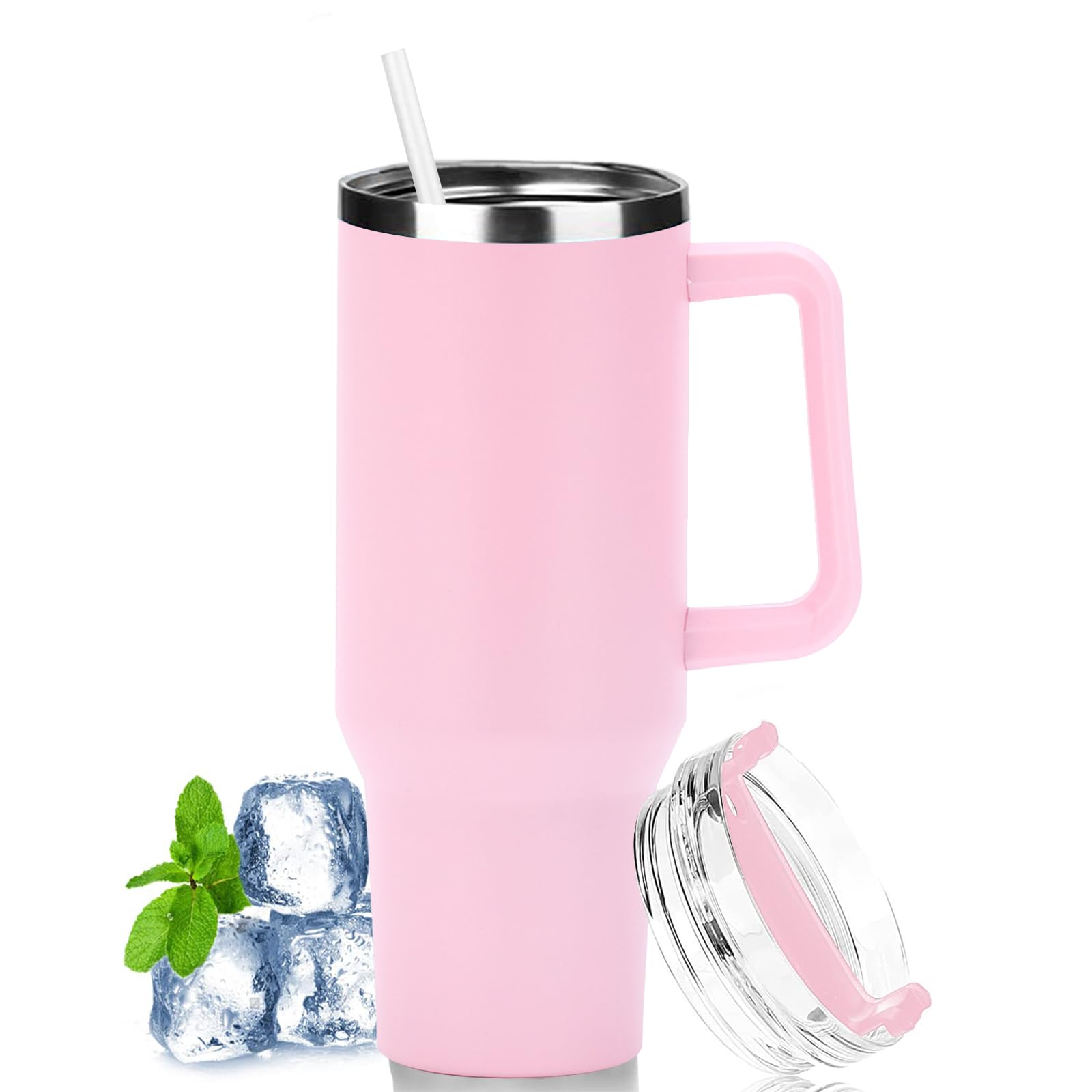 لیوان حرارتی LOITTAINUE 40oz با نی و دسته، لیوان قهوه 1180 میلی‌لیتری با درب، لیوان عایق دو جداره استیل ضد زنگ وکیوم، قابل حمل برای نوشیدنی‌های سرد و گرم (صورتی)