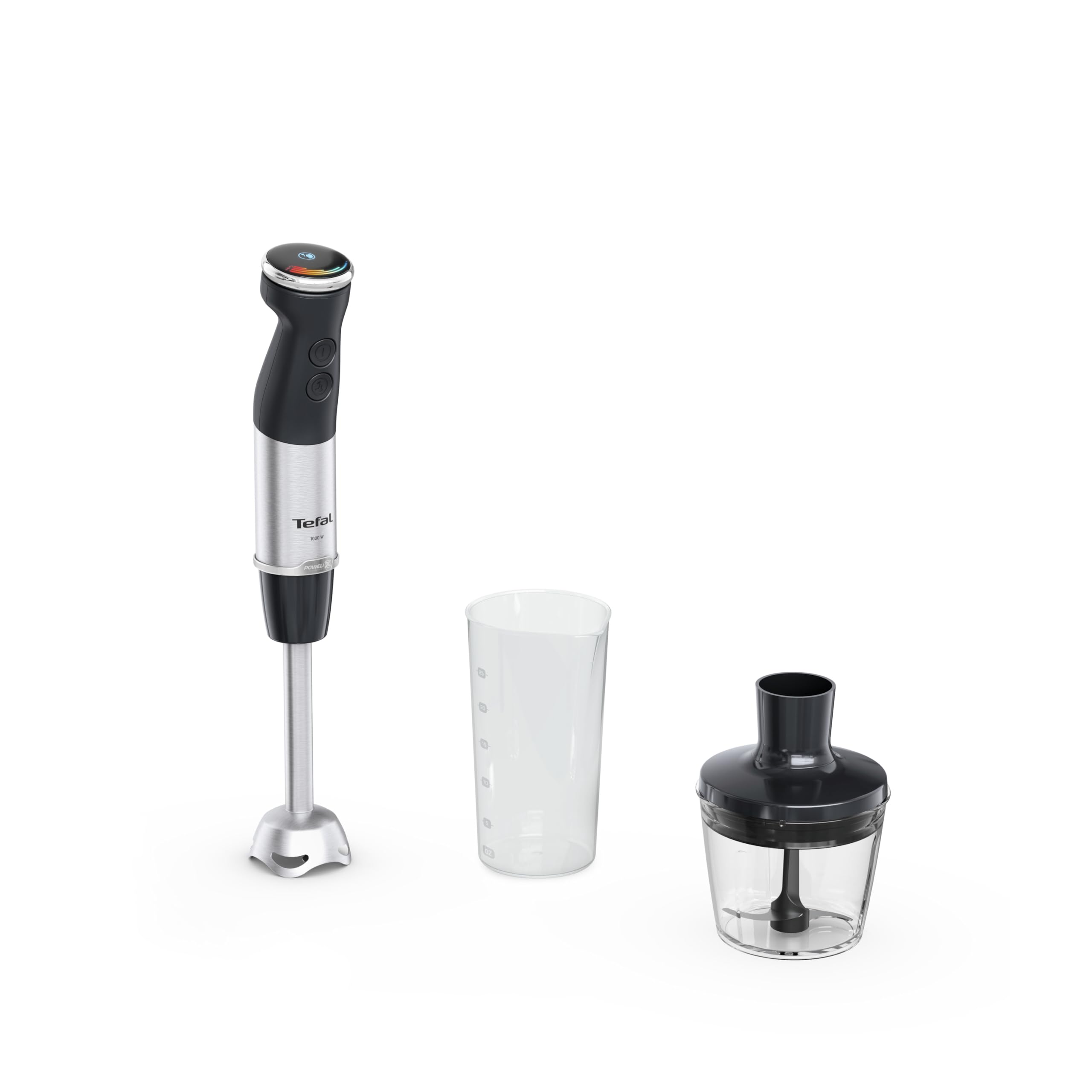 گوشت کوب برقی  و خردکن دستی تفال  2 در 1 Tefal Quickchef+، 1000 وات، کنترل بصری سرعت، دکمه توربو، محافظ اسپلش، فناوری تیغه Powelix، فولاد ضد زنگ، مشکی، HB672830