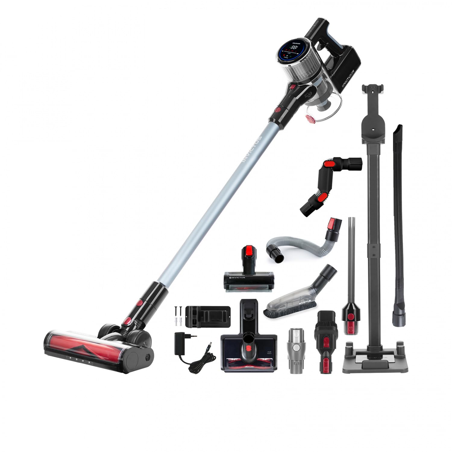 جارو شارژی Genius Invictus X9 Facelift 20 تکه، جاروبرقی باتری تا 55 دقیقه کف ماشین موی موی حیوانات خانگی فرش، فیلتر HEPA، LED، صفحه لمسی جاروبرقی عمودی، ایستگاه شارژ، ست برس