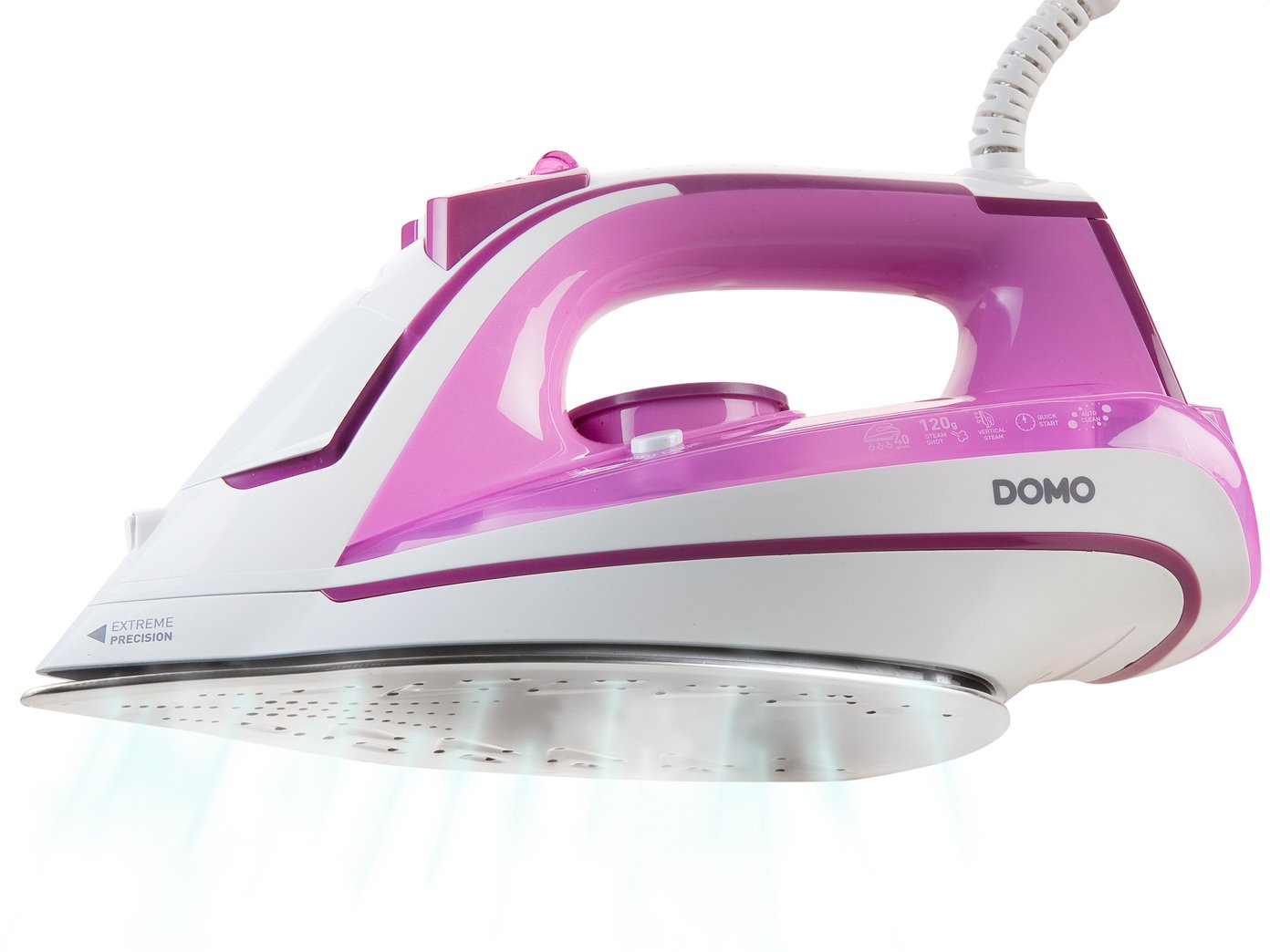 اتو بخار دومو ۲۲۰۰ وات، بخاردهی لحظه‌ای ۱۲۰ گرم در دقیقه، مخزن آب ۳۰۰ میلی‌لیتر، سیستم ضد چکه، سیستم ضد رسوب، بخار عمودی، نقره‌ای