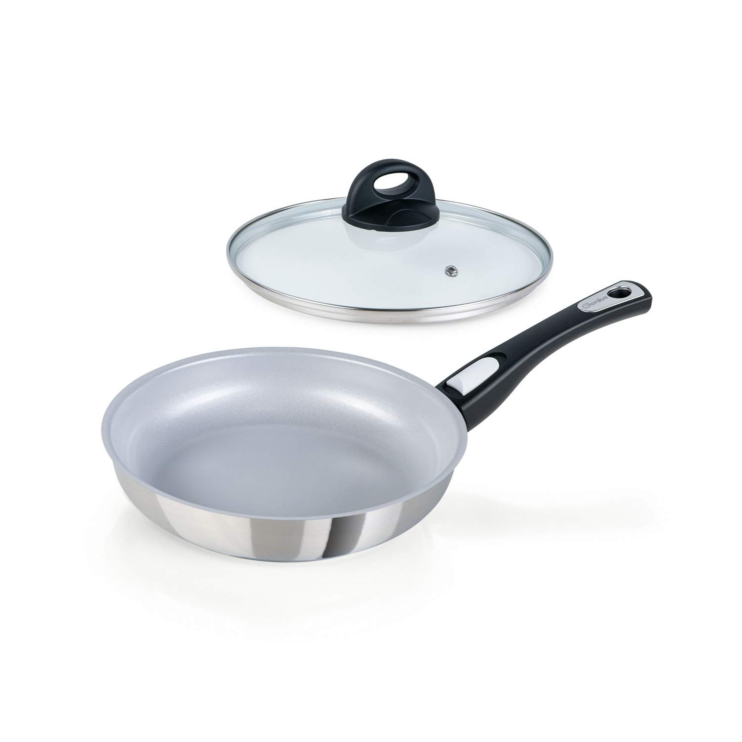 ماهیتابه Genius Cerafit Steel 24cm + درب شیشه ای - تابه سرامیکی نسوز با روکش نچسب ضد خش | تابه القایی با دسته قابل جابجایی برای انواع اجاق گاز