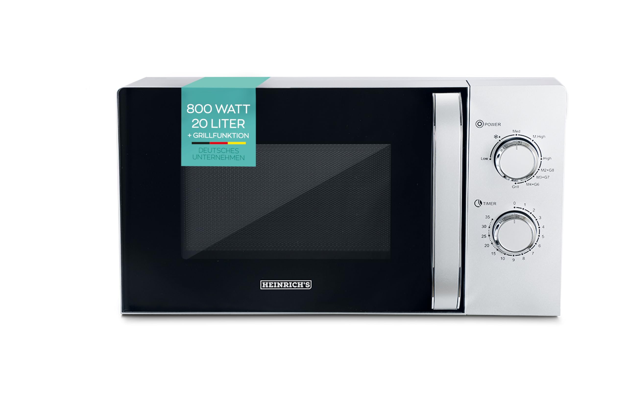 مایکروویو هاینریش، مایکروویو جمع و جور، ظرفیت 20 لیتر، 9 سطح قدرت، شامل تایمر 35 دقیقه‌ای، عملکرد یخ‌زدایی، چراغ داخلی، صفحه گردان 360 درجه با عملکرد گریل، قدرت 800 وات، هاینریش (نقره‌ای)