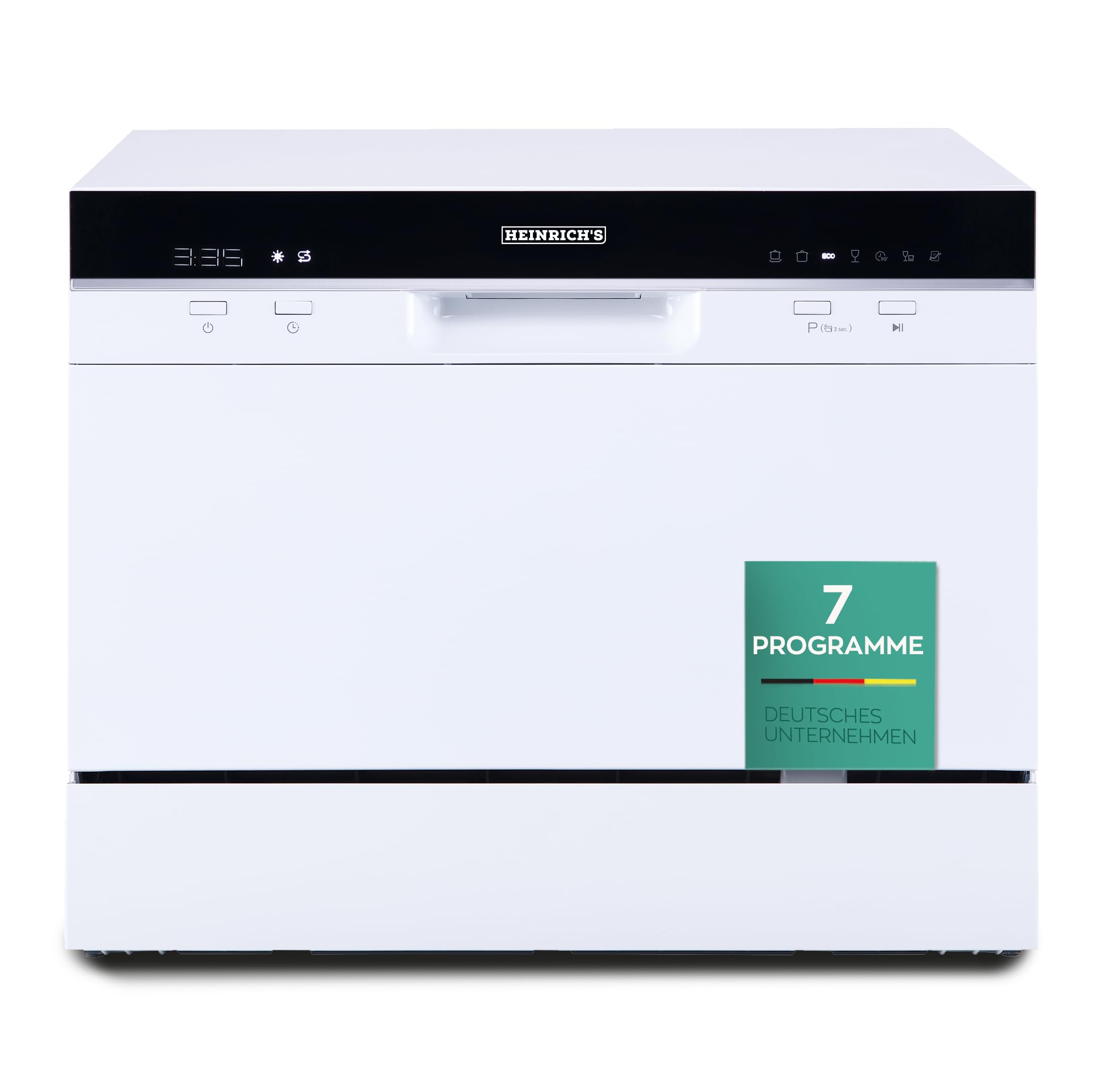 ماشین ظرفشویی کوچک قابل حمل هاینریش آلمان رومیزی با ظرفیت 6.5 لیتر، نیاز به اتصال آب، کوچک و ایستاده برای دفتر، کمپینگ/خانه سیار، 7 برنامه، 1380 وات، استیل ضد زنگ/سفید