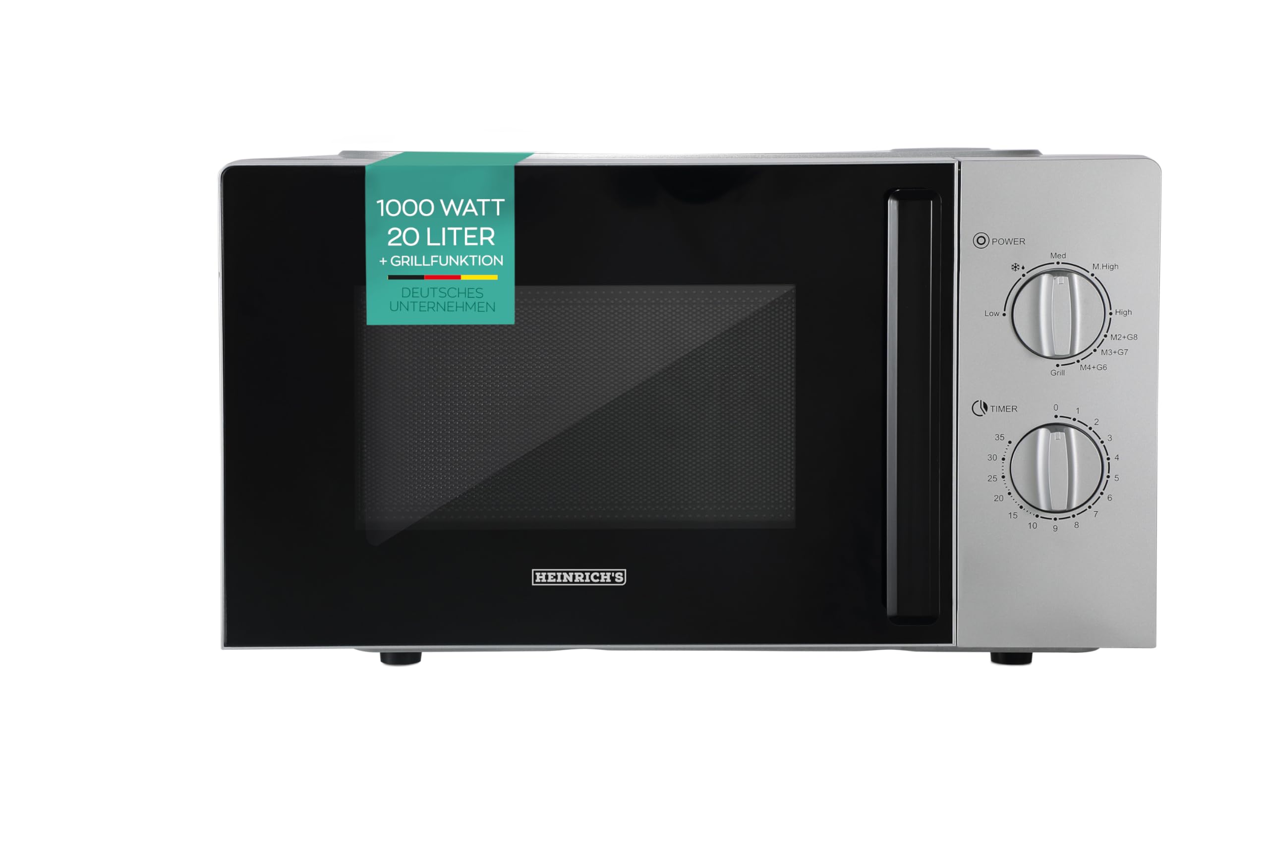مایکروویو هاینریش، مایکروویو جمع و جور، ظرفیت 20 لیتر، 9 سطح قدرت، شامل تایمر 35 دقیقه‌ای، عملکرد یخ‌زدایی، چراغ داخلی، صفحه گردان 360 درجه، با عملکرد گریل، قدرت 1000 وات، هاینریش (نقره‌ای)