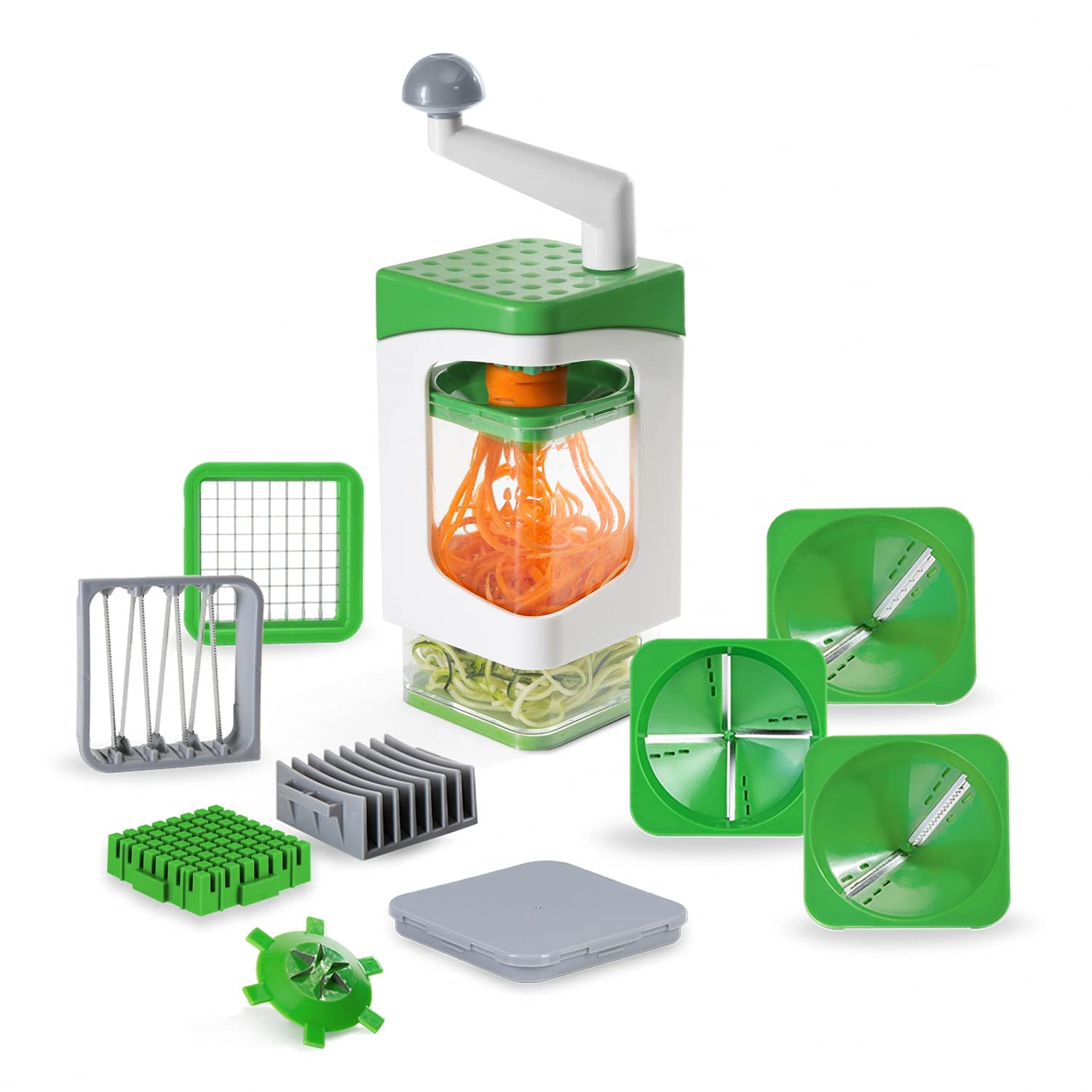 برش مارپیچ Genius Nicer Dicer Julietti 13 تکه - Zoodle maker + dicer در یک مجموعه برای مارپیچ و تاس | حاوی 7 درج برش و ظرف جمع آوری 1200 میلی لیتر سبز