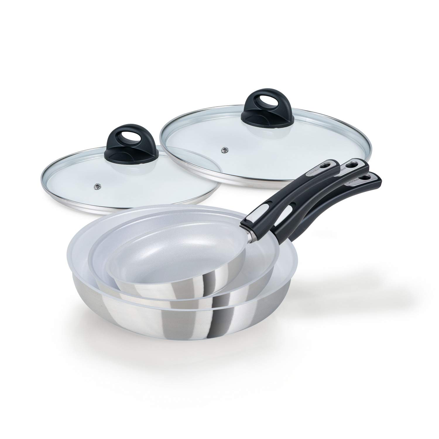 ست ماهی تابه استیل سرافیت جنیوس 5 تکه - تابه سرامیکی 20 24 28 سانتی متری با روکش نچسب ضد خش + درب شیشه ای - تابه های القایی با دسته قابل جابجایی برای انواع اجاق گاز