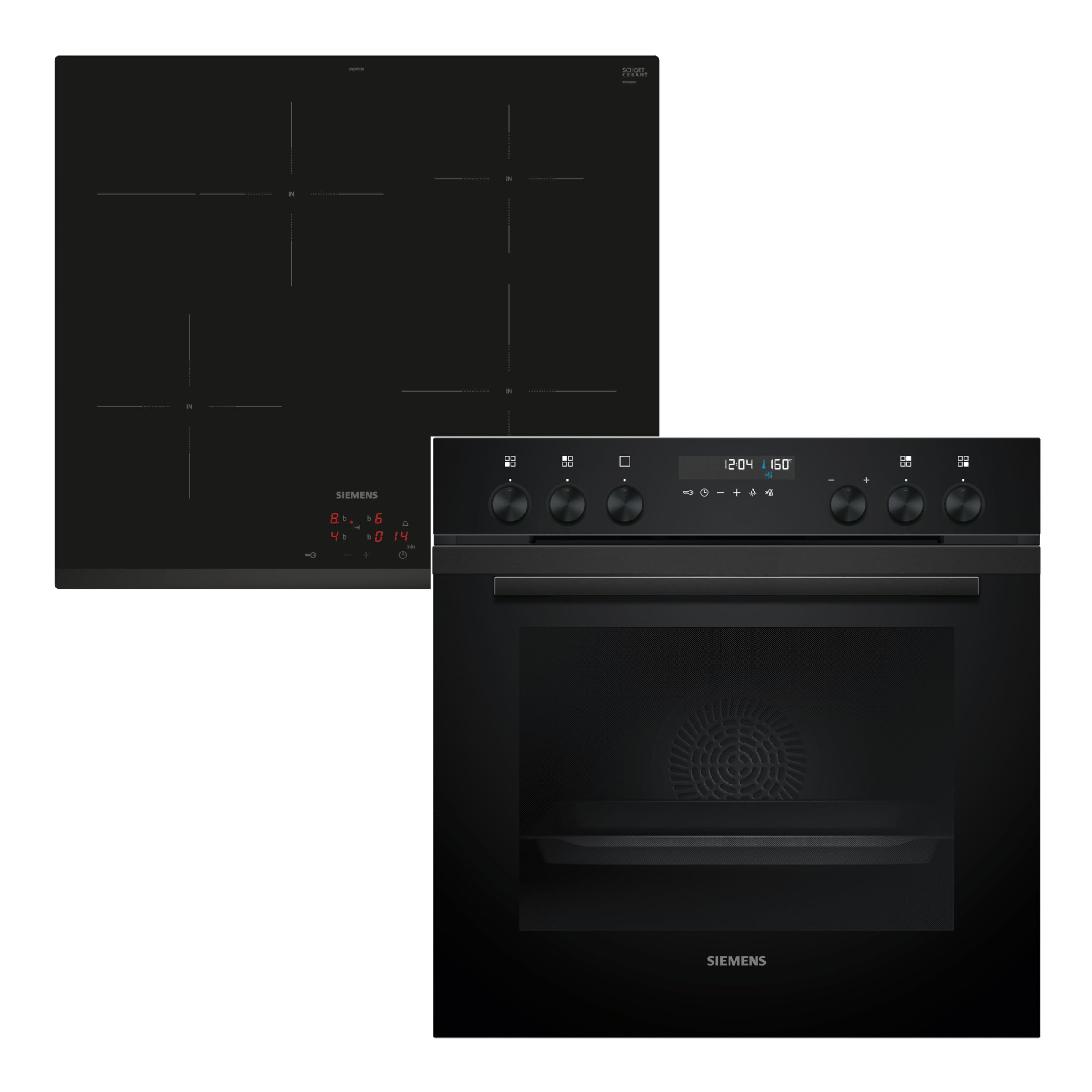 مجموعه فر توکار زیمنس PQ522IAAB، شامل فر HE278GBB4، 60 در 60 سانتی‌متر، خود تمیز شونده، هوای گرم سه‌بعدی، تنظیمات پیتزا، پخت خودکار و اجاق القایی EI631CFB1E، منطقه برشته کردن، پاوربوست، iQ500 خود تمیز شونده بدون قاب، تمام مشکی