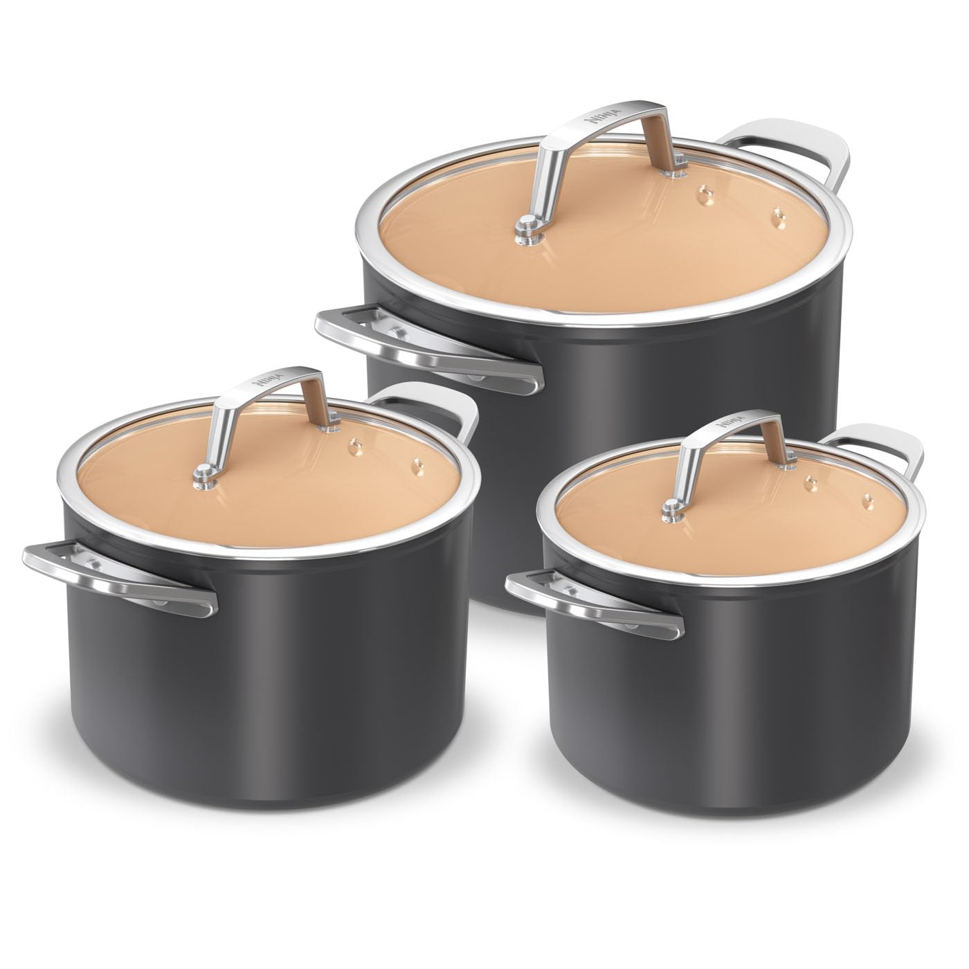 سرویس قابلمه سرامیکی سه تکه نینجا مدل Extended Life (ظروف ۱۶، ۱۸ و ۲۰ سانتی‌متری)، نچسب (فاقد PFA، PFOA، سرب یا کادمیوم)، مناسب برای اجاق القایی، قابل استفاده در فر تا دمای ۲۸۵ درجه سانتی‌گراد، به رنگ‌های سفالی و خاکستری، CW9300DE