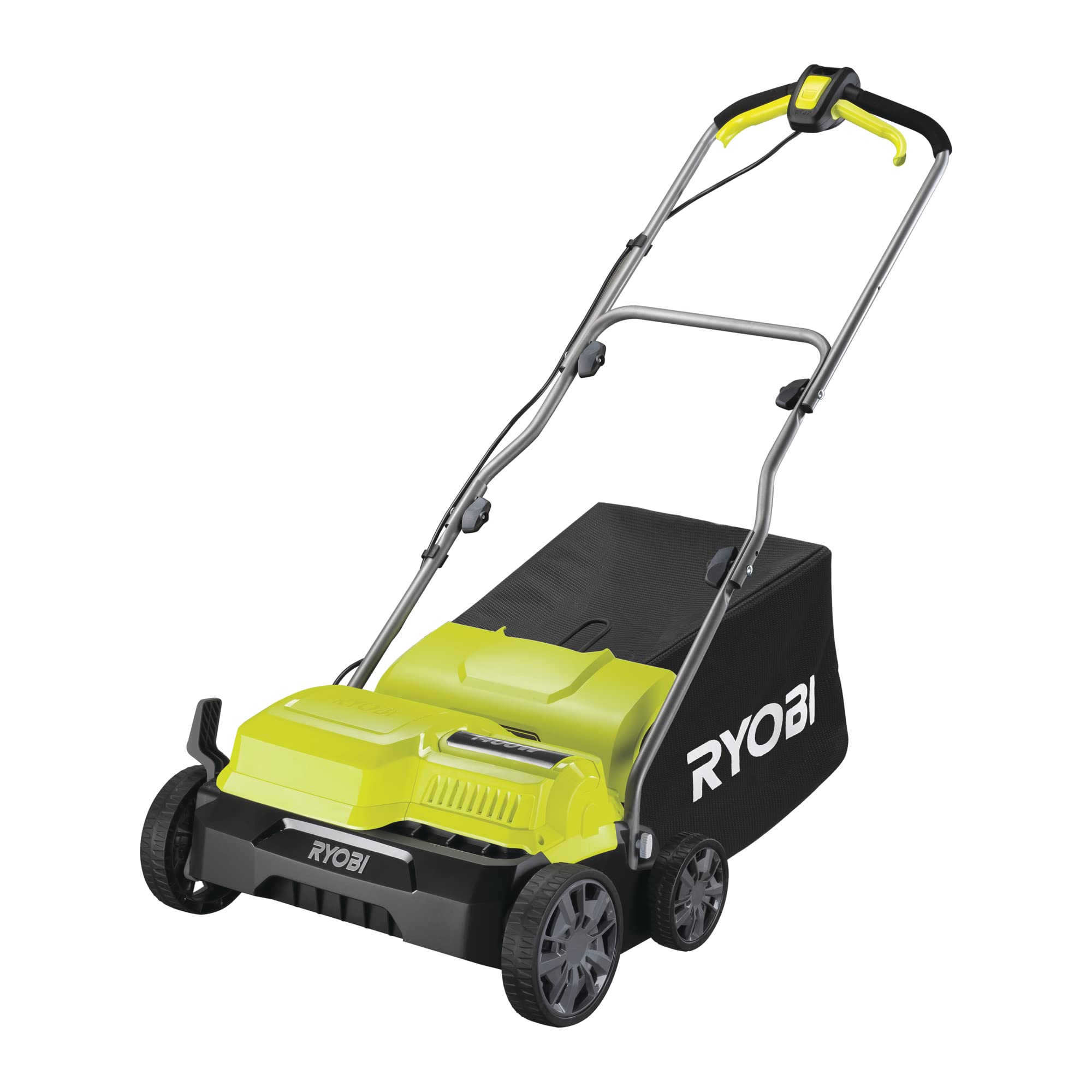 اسکریفایر برقی RYOBI 1400W RY1400SF35B (عرض کار 35 سانتی متر، 16 تیغه فولادی ضد زنگ، کیسه علف گیر 55 لیتری شامل سبد گیر و غلتک فن)